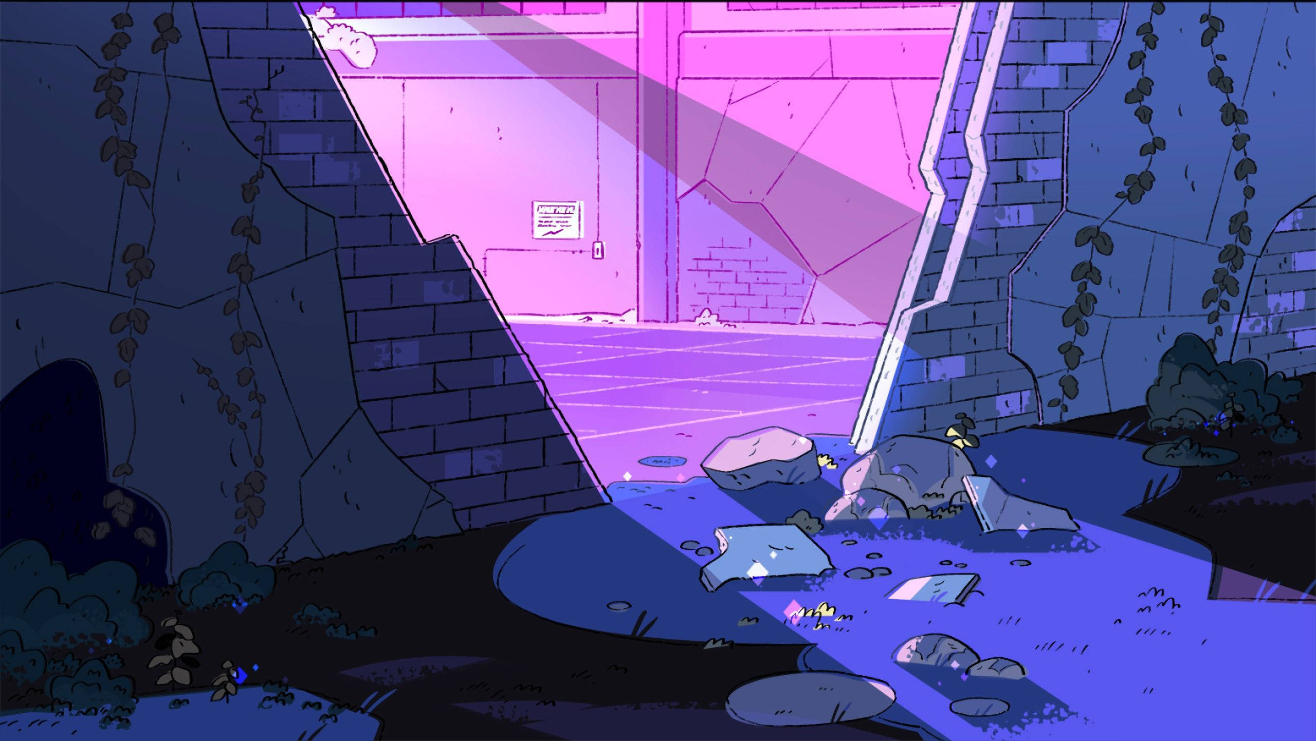 blue aesthetic desktop, vibrant purple and blue animated scene, broken brick archway, 2K Desktop Wallpaper