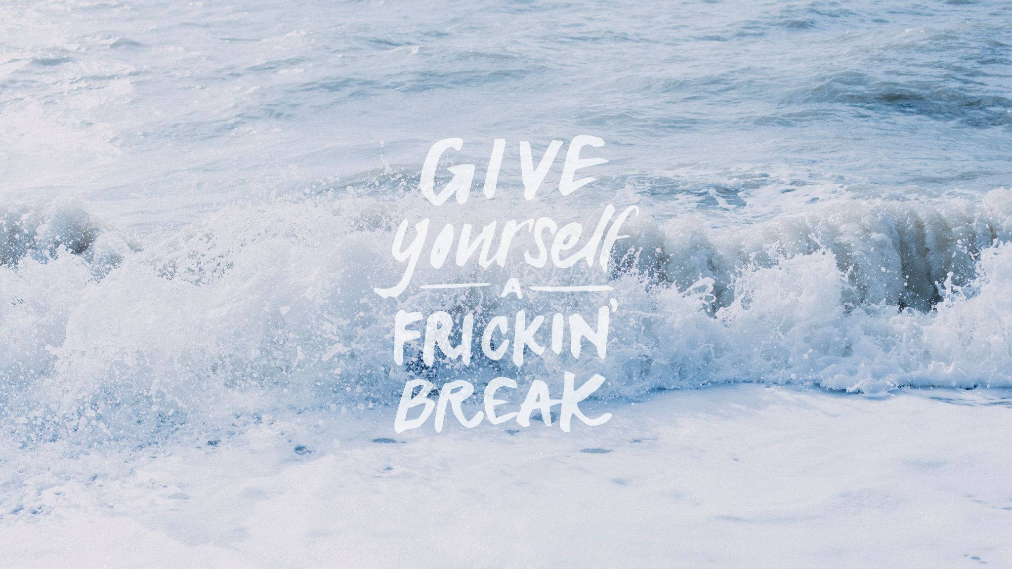 Blue Aesthetic Desktop, white handwritten text, crashing ocean waves, Full HD Desktop Wallpaper