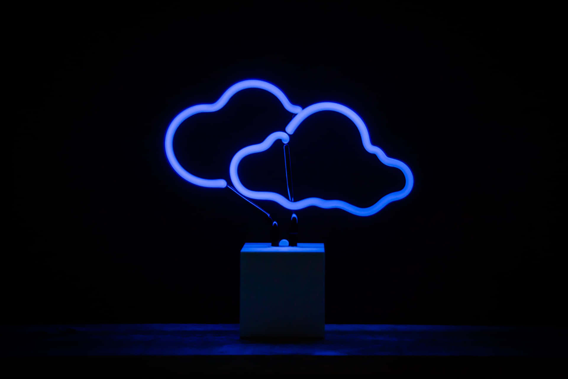 blue neon cloud sculpture, glowing blue neon, white base, Full HD Desktop Wallpaper