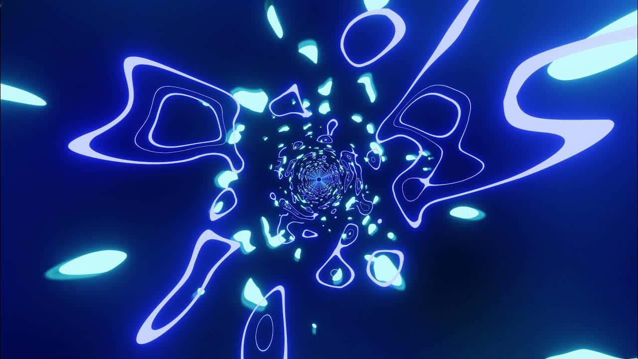 blue neon tunnel, glowing abstract shapes, floating particles, HD Desktop Wallpaper