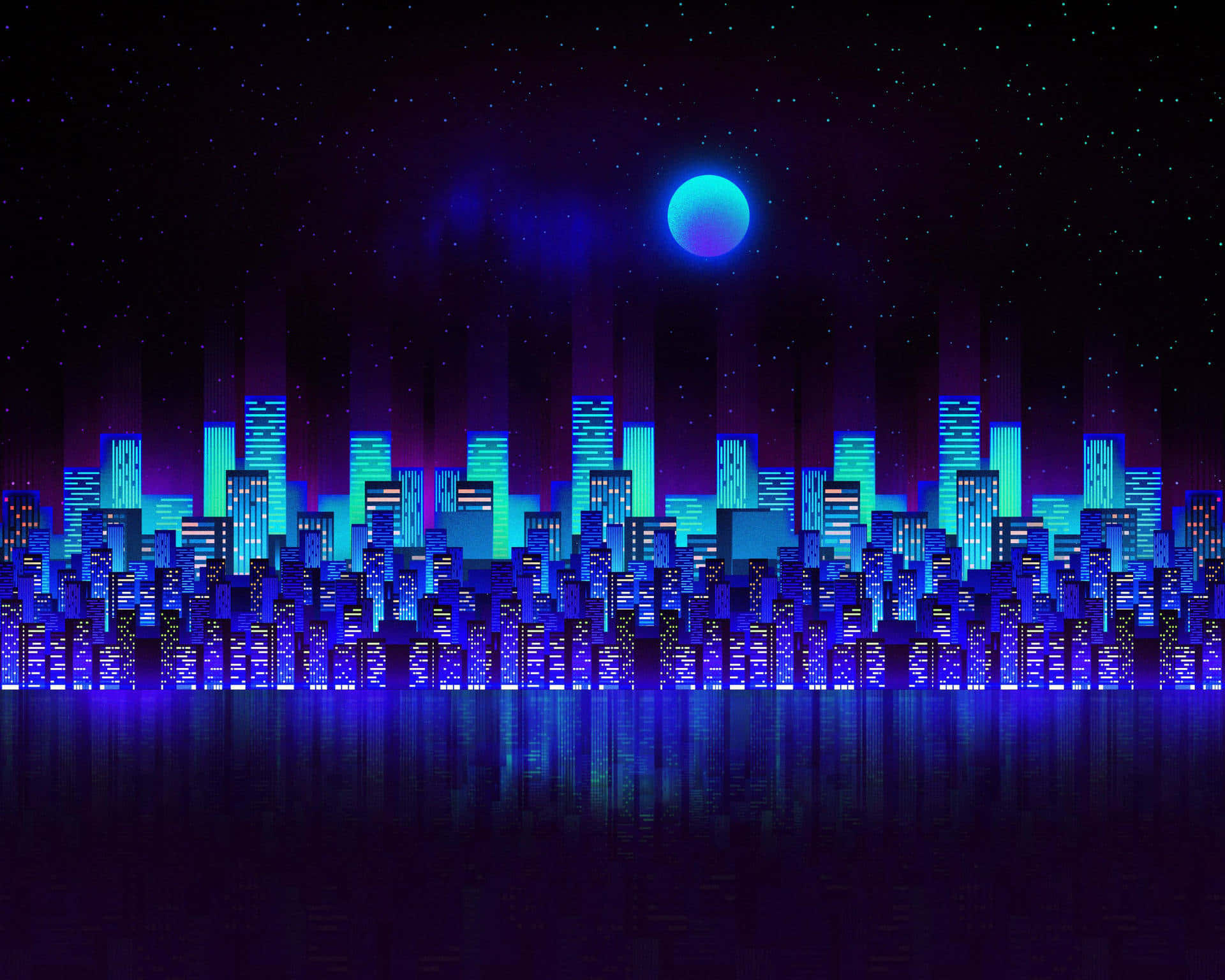 neon-lit cityscape, glowing blue and purple skyscrapers, water reflection, Full HD Desktop Wallpaper
