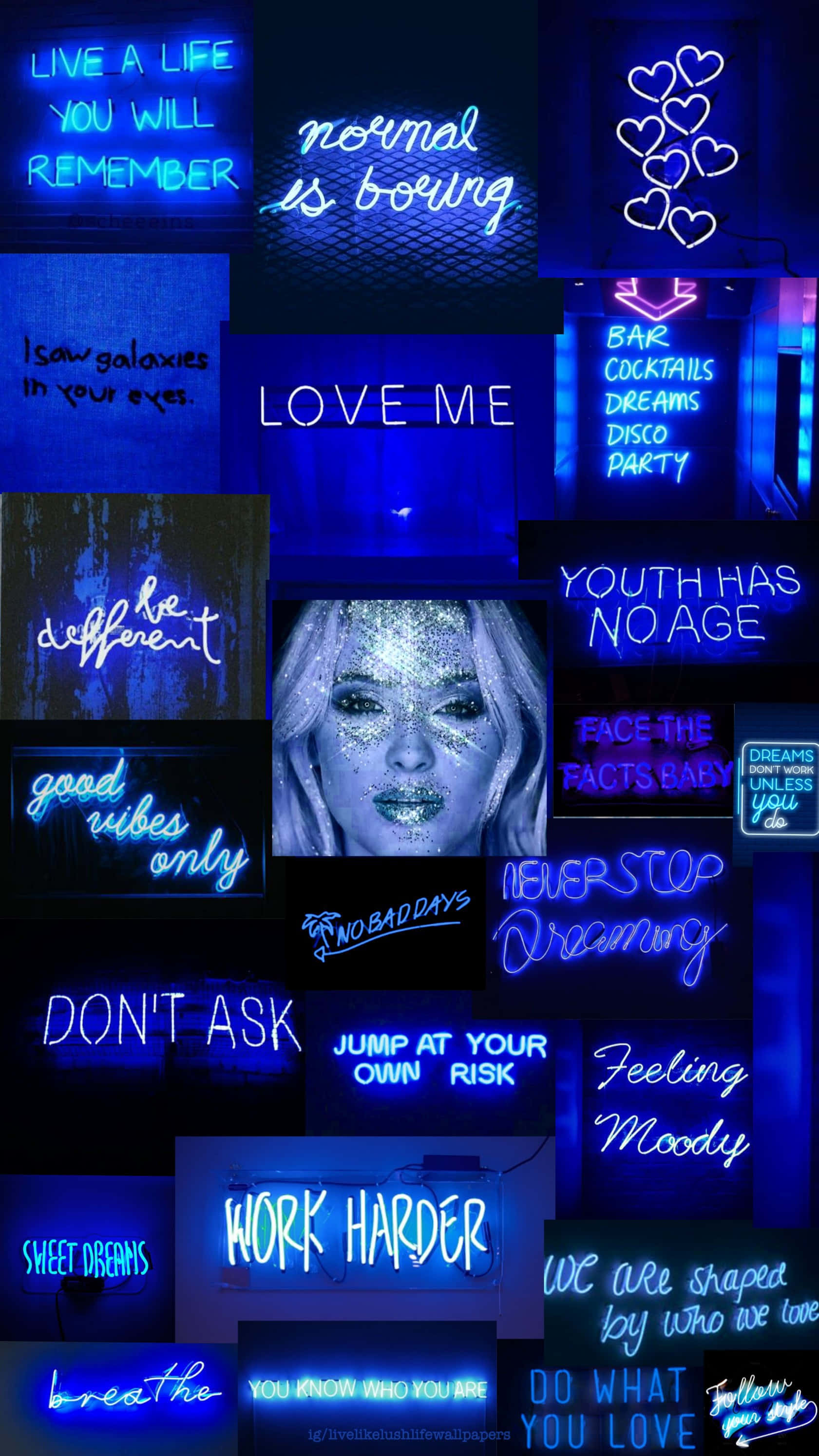 Blue Neon Aesthetic Collage, vibrant blue neon sign, motivational quotes, 2K Phone Wallpaper