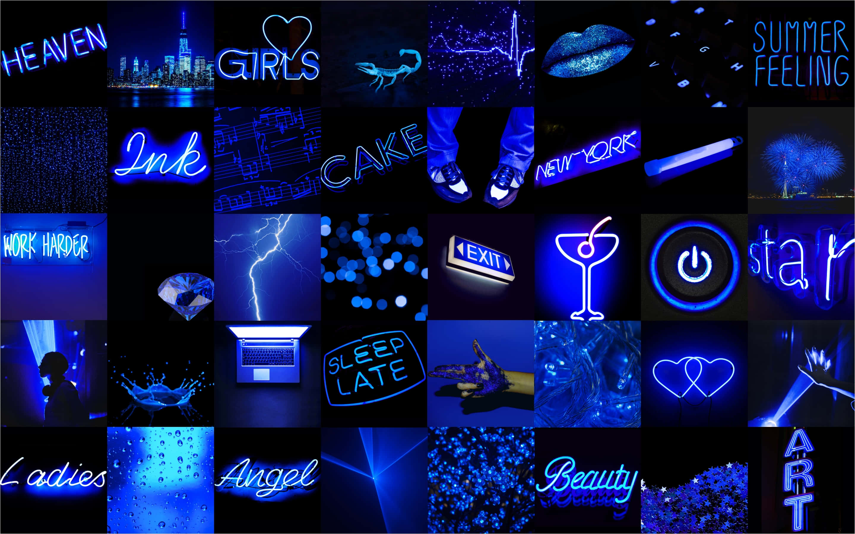 neon blue collage aesthetic, glowing text, hearts, 2K Desktop Wallpaper