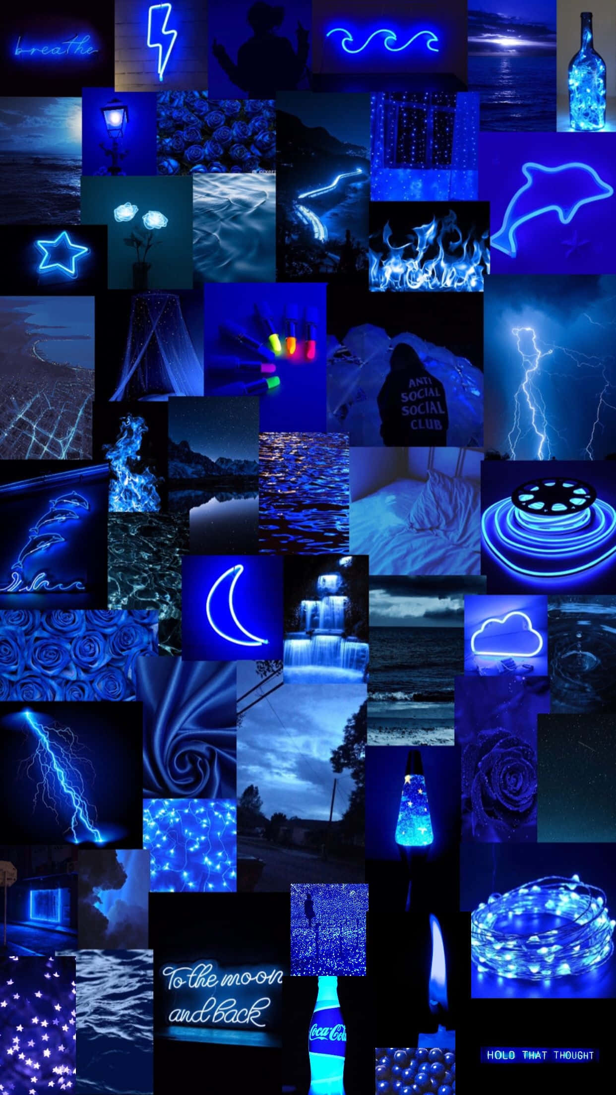 Neon Blue Aesthetic Collage, glowing dolphins, lightning waves, Full HD Phone Wallpaper