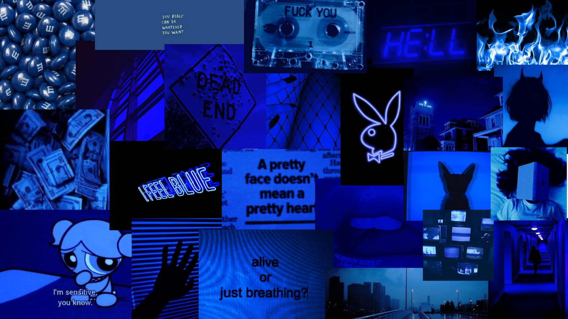 Neon Dark Blue Aesthetic Collage, dark blue, neon glow, Full HD Desktop Wallpaper