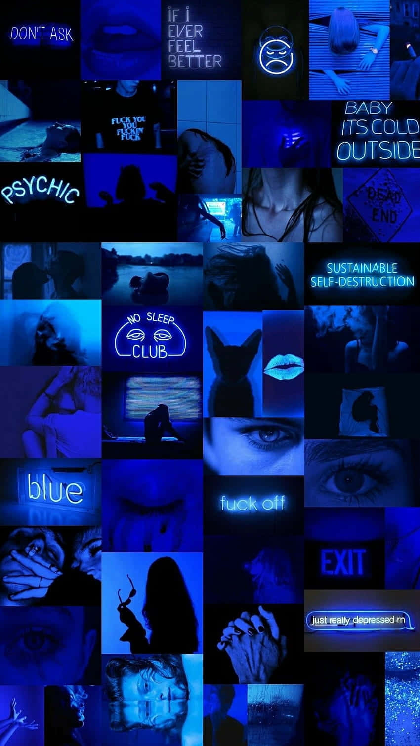 Neon Blue Aesthetic, dark blue neon, distressed text phrases, HD Phone Wallpaper