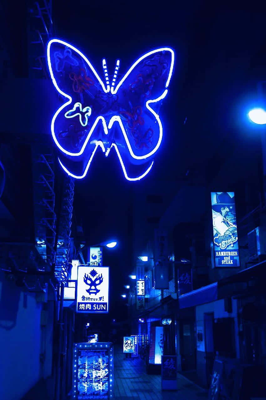 blue neon butterfly sign, nighttime alleyway, illuminated Japanese restaurant signs, SD Phone Wallpaper
