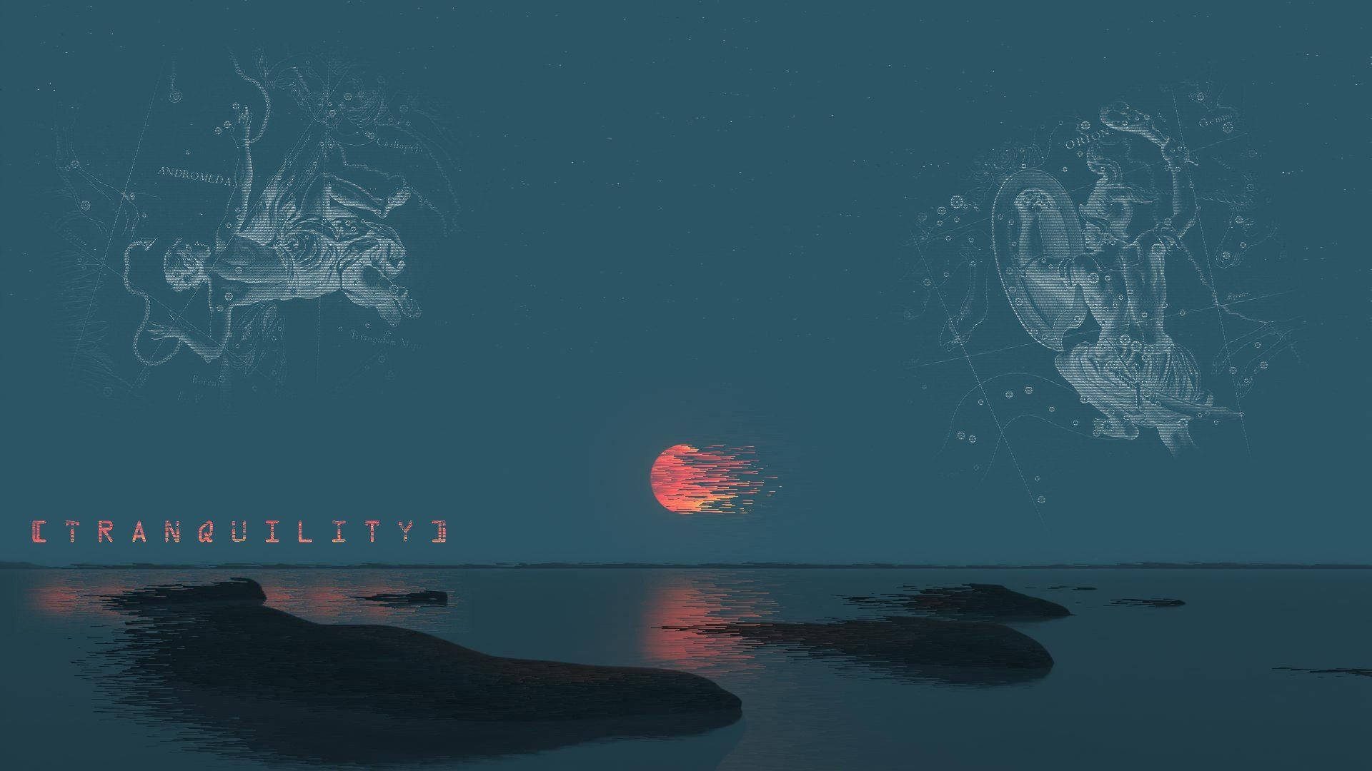 Blue Aesthetic Constellations Tumblr Laptop, twilight seascape, glowing red moon, Full HD Desktop Wallpaper