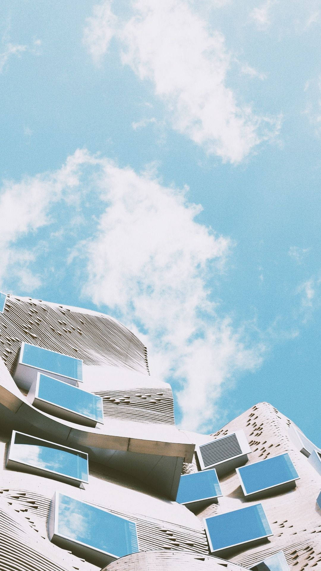 futuristic white building, blue glass panels, bright blue sky, Full HD Phone Wallpaper
