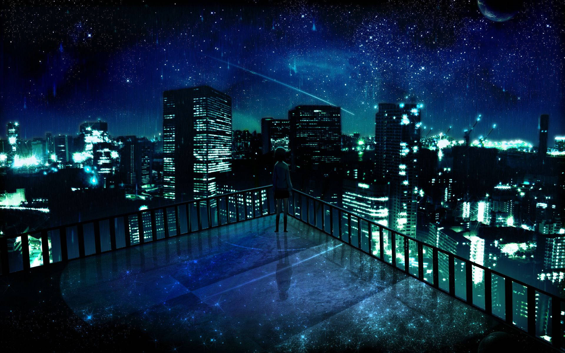 Anime Blue Girl, rooftop, glowing cityscape, Full HD Desktop Wallpaper