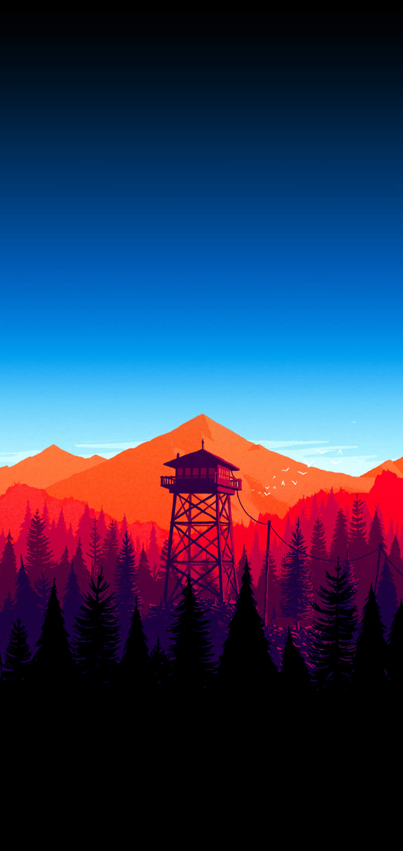Blue Amoled, fire lookout tower, fiery orange mountains, 2K Phone Wallpaper