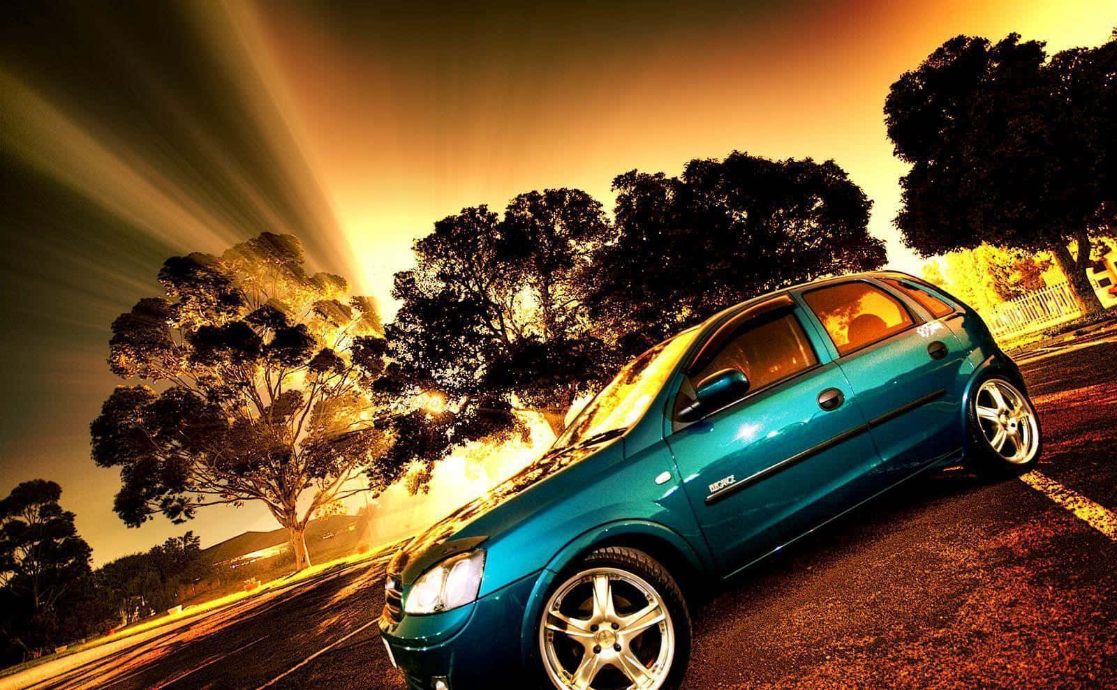 teal modified hatchback, sunset, golden light, HD Desktop Wallpaper