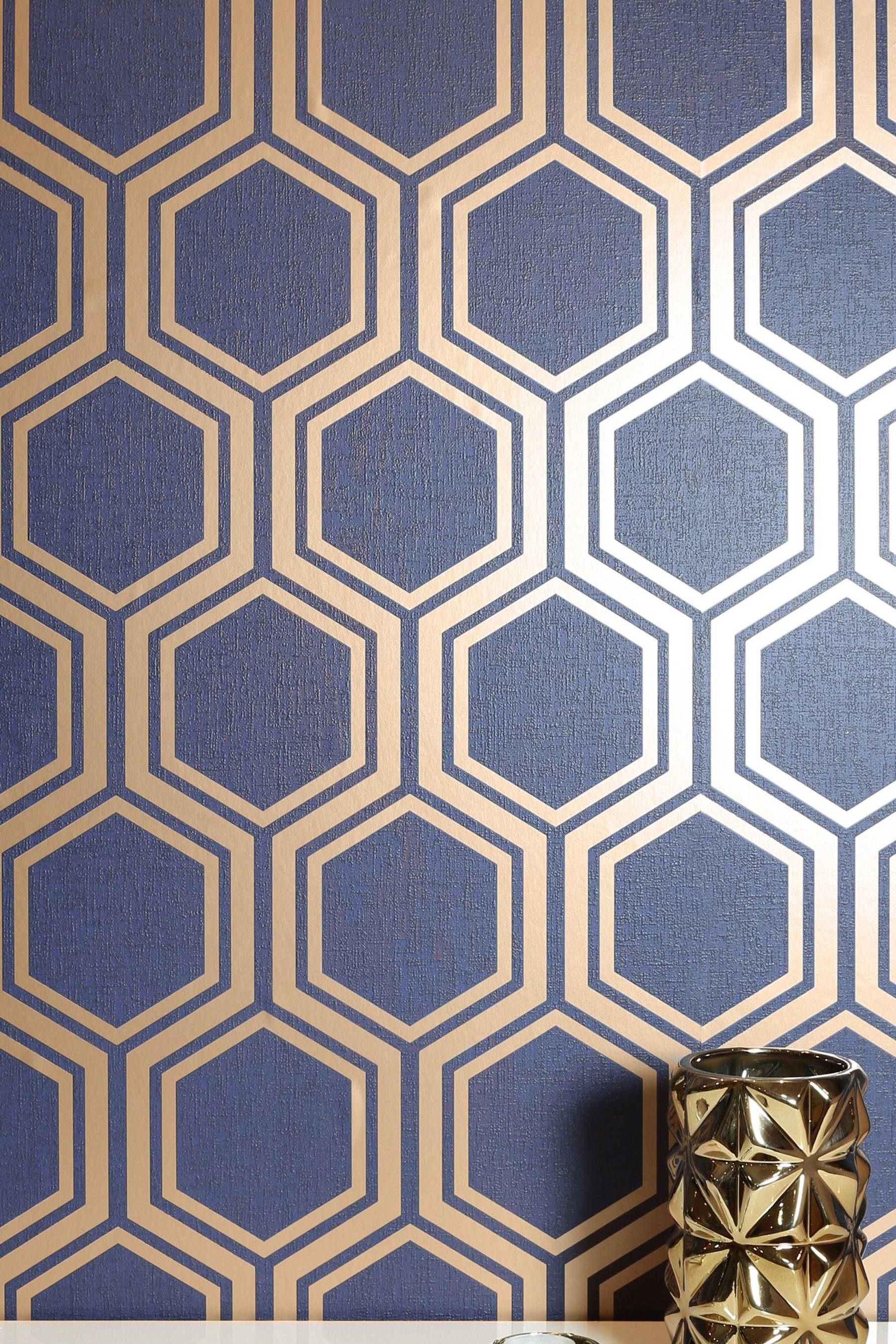 Blue And Gold, hexagon pattern, gold outlines, 2K Phone Wallpaper
