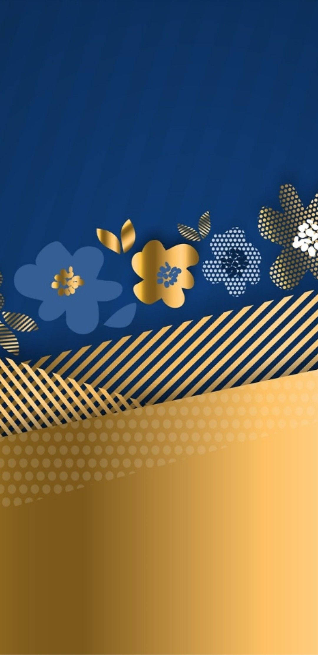Blue And Gold Flowers, gold and blue floral patterns, geometric stripes, Full HD Phone Wallpaper