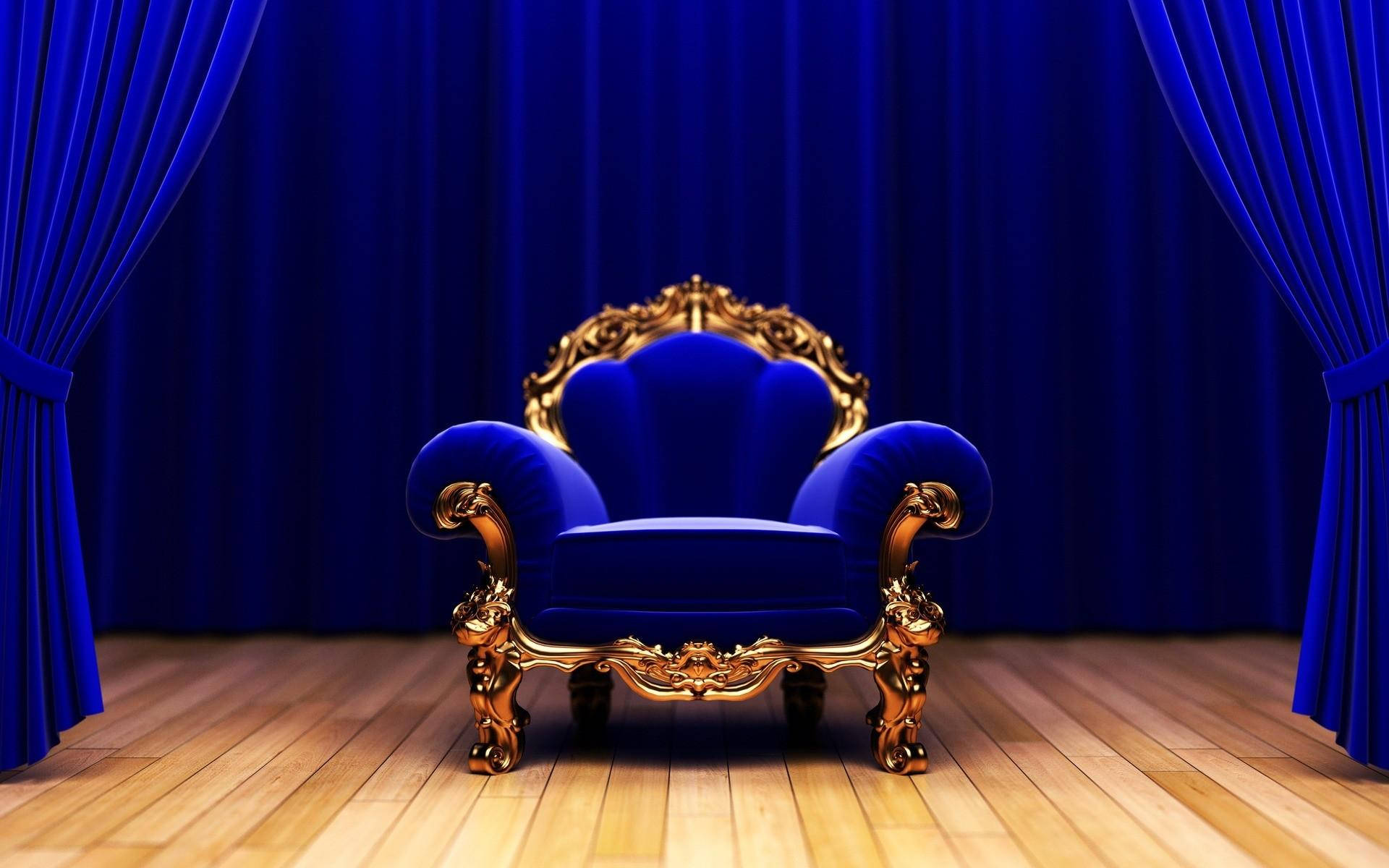 blue velvet throne, gold ornate detailing, royal blue curtains, Full HD Desktop Wallpaper