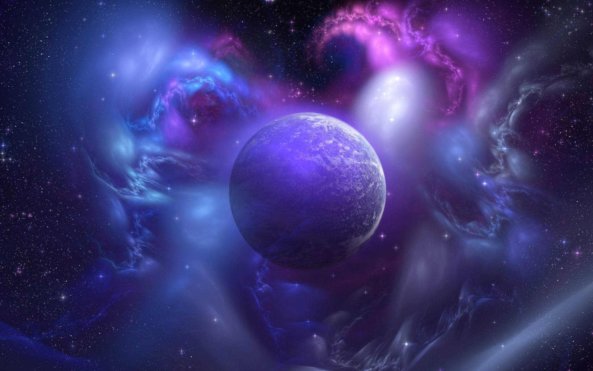 blue and purple galaxy, glowing purple planet, swirling cosmic nebulae, Full HD Desktop Wallpaper