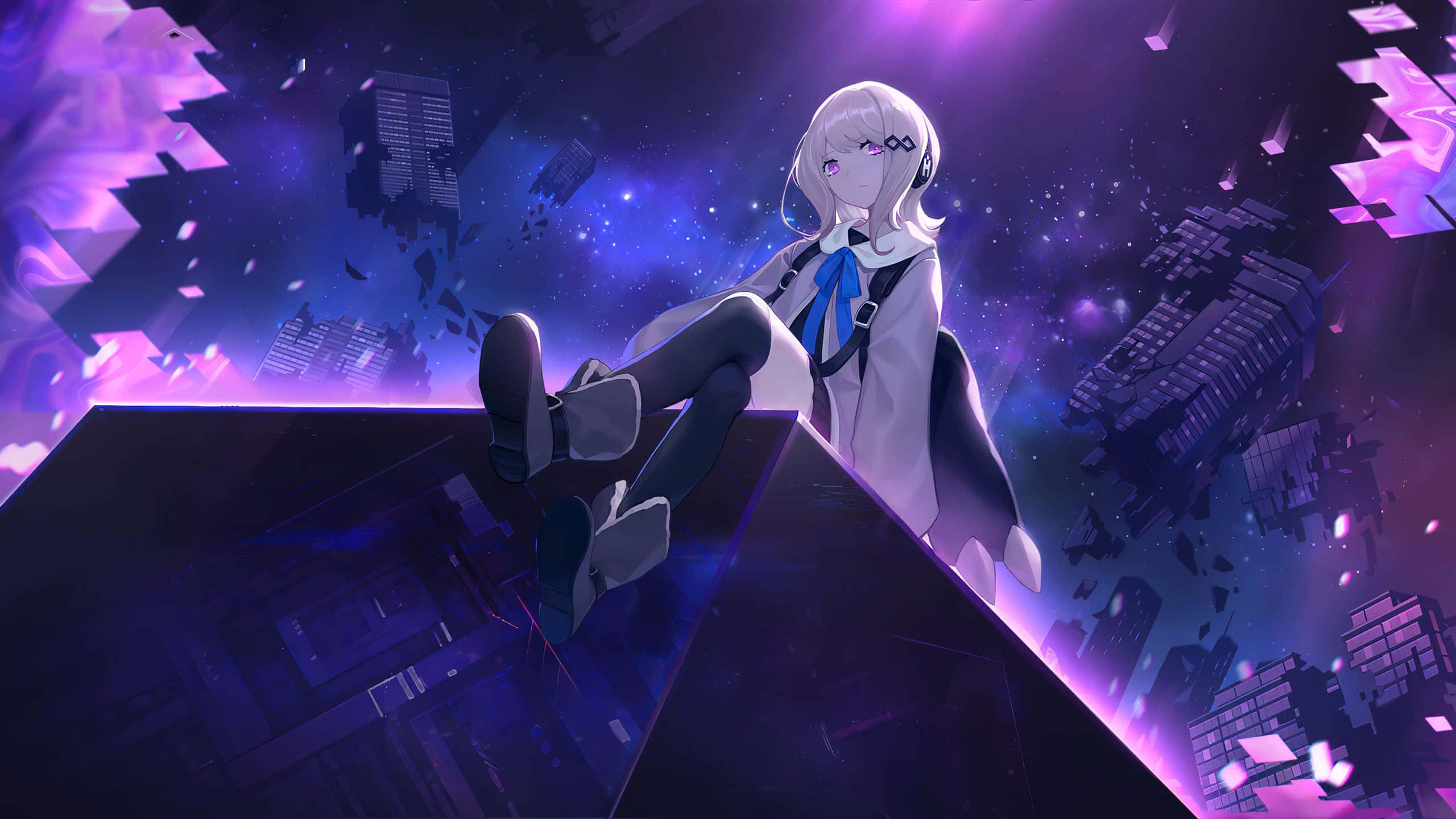 silver-haired anime girl, floating geometric platform, shattered purple-hued cityscape, 2K Desktop Wallpaper
