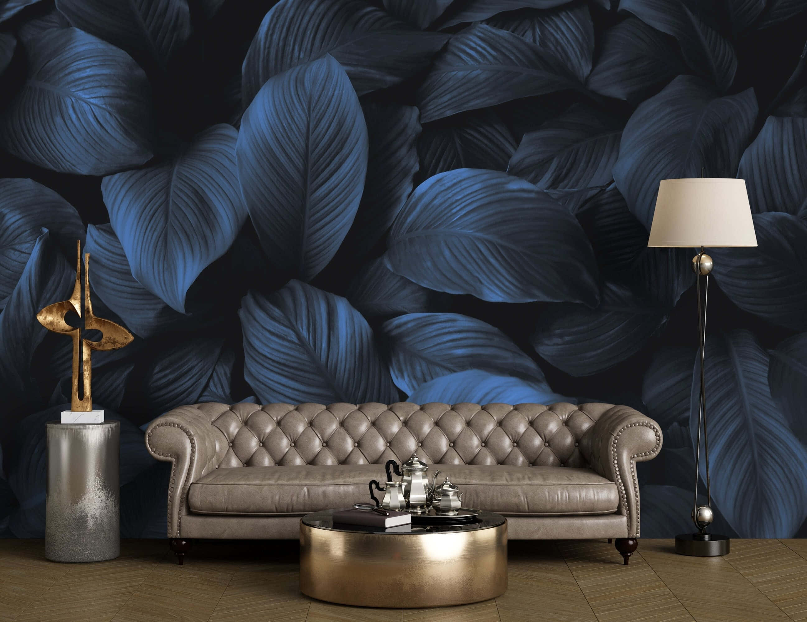 tufted leather sofa, blue leaf-patterned wallpaper, modern living room, 2K Desktop Wallpaper
