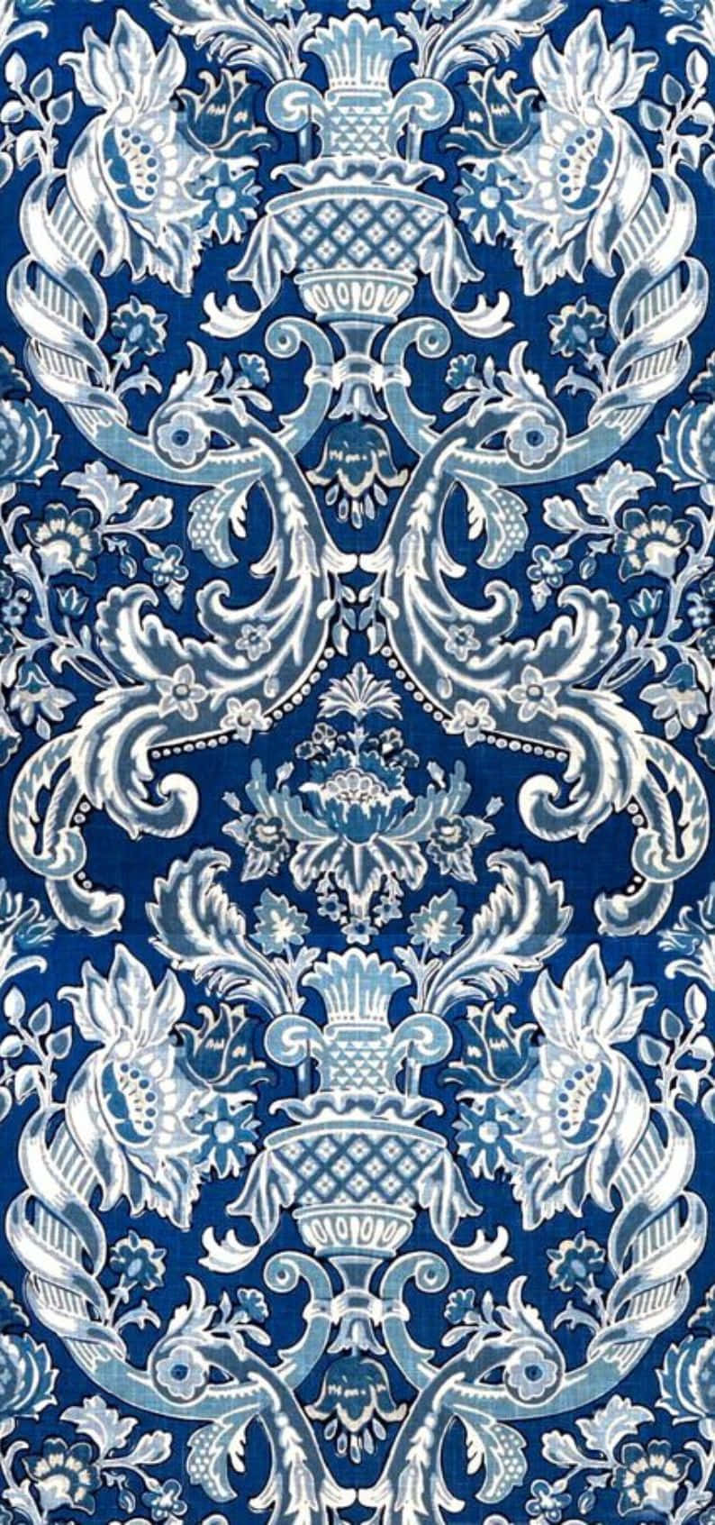 blue damask pattern texture, silver floral motifs, vase motifs, HD Phone Wallpaper