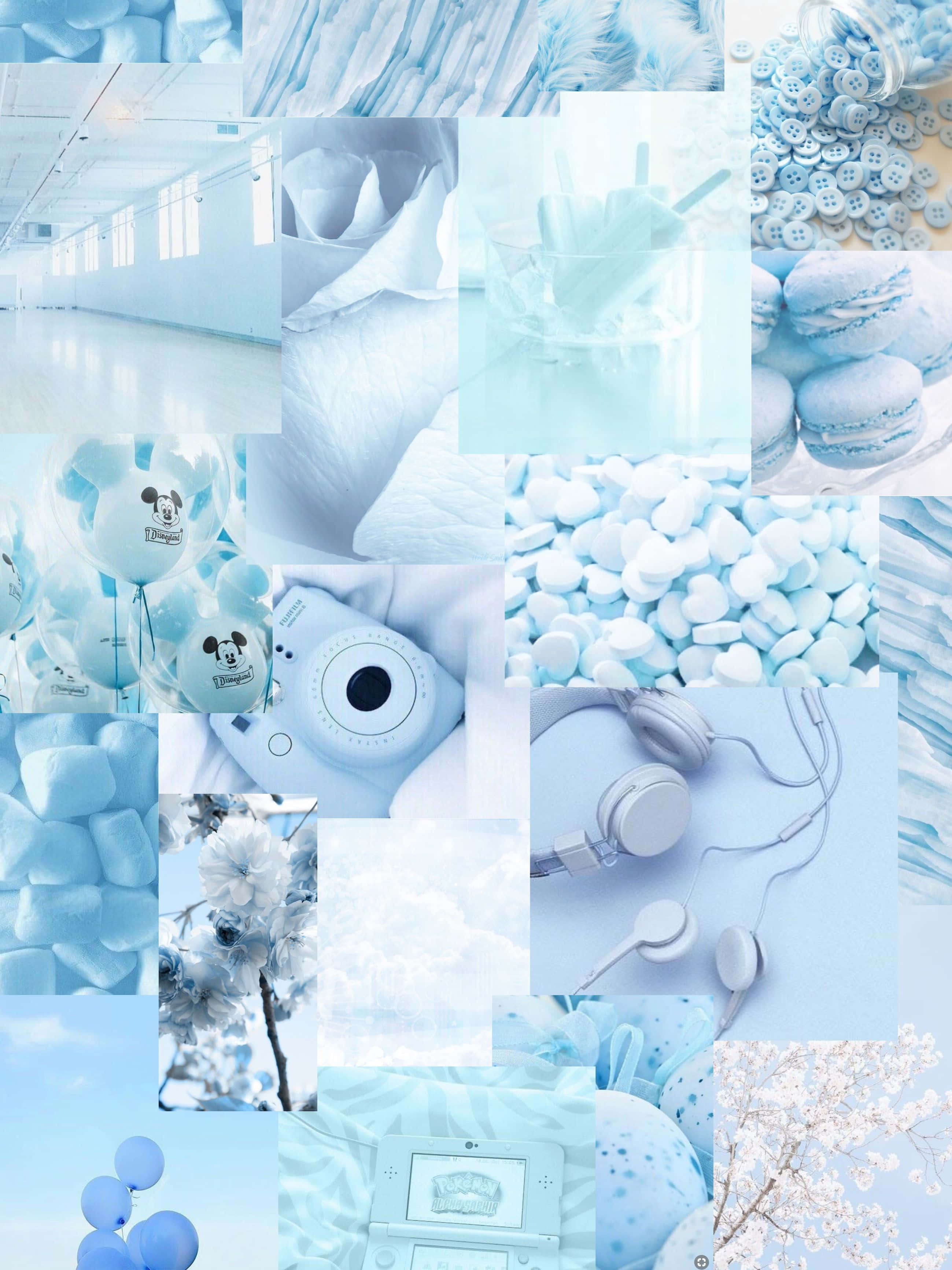 Blue White Aesthetic Collage, fluffy clouds, macarons, 2K Phone Wallpaper