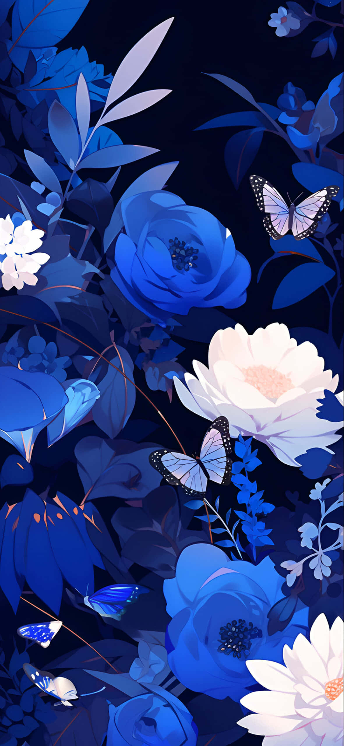 blue floral butterfly aesthetic, vibrant blue and white flowers, delicate butterflies, 2K Phone Wallpaper