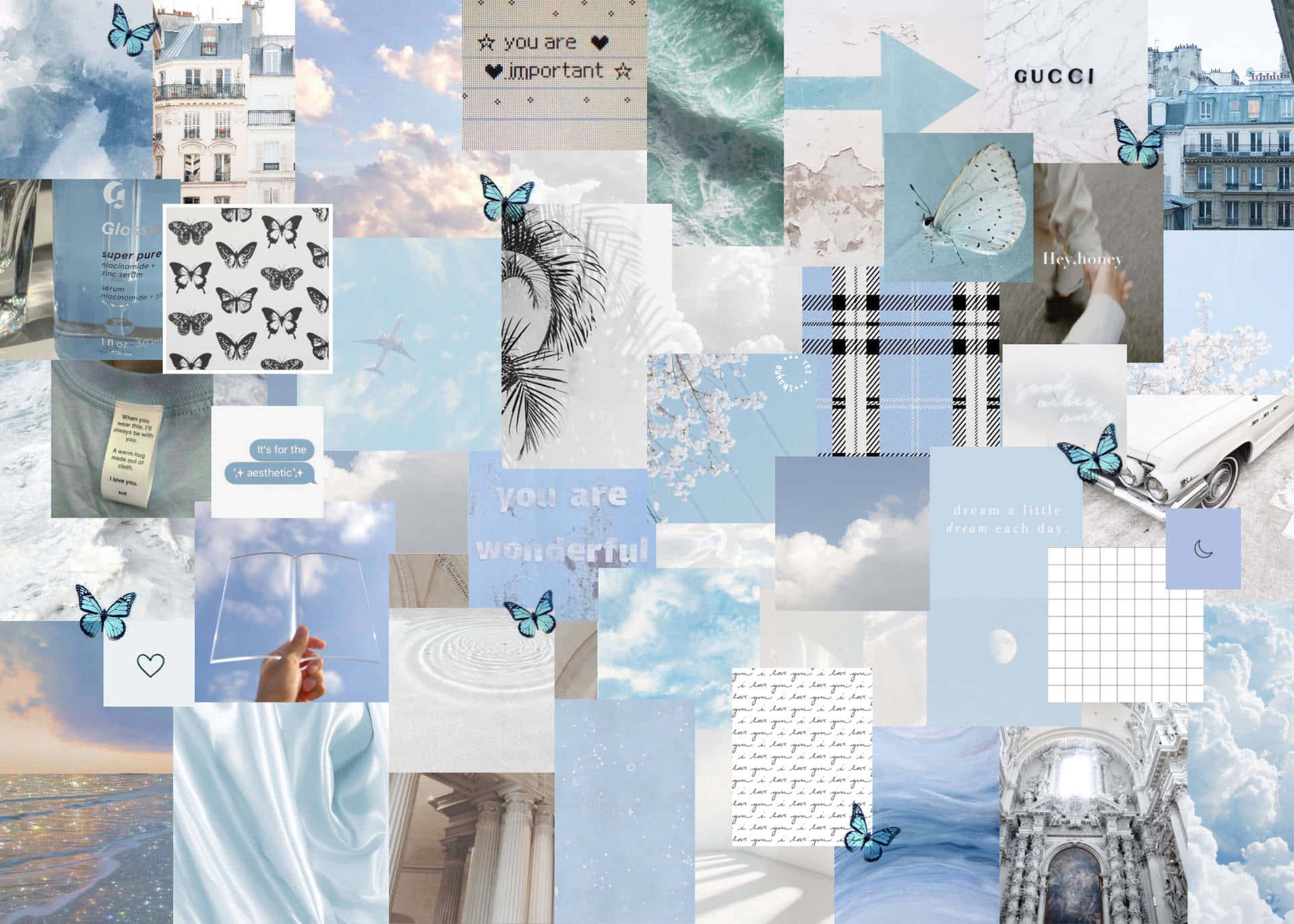 Blue White Aesthetic Collage, pastel blue, white, Full HD Desktop Wallpaper