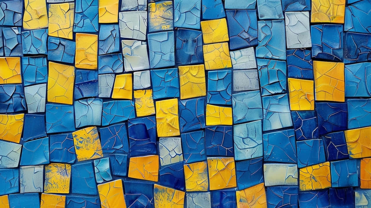 blue yellow mosaic pattern, cracked blue and yellow tiles, textured abstract pattern, HD Desktop Wallpaper