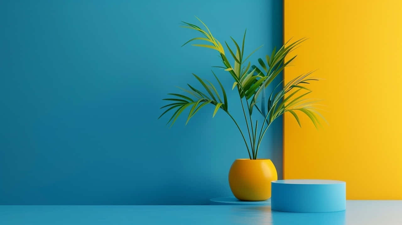 blue surface, vibrant yellow vase, green palm plant, HD Desktop Wallpaper