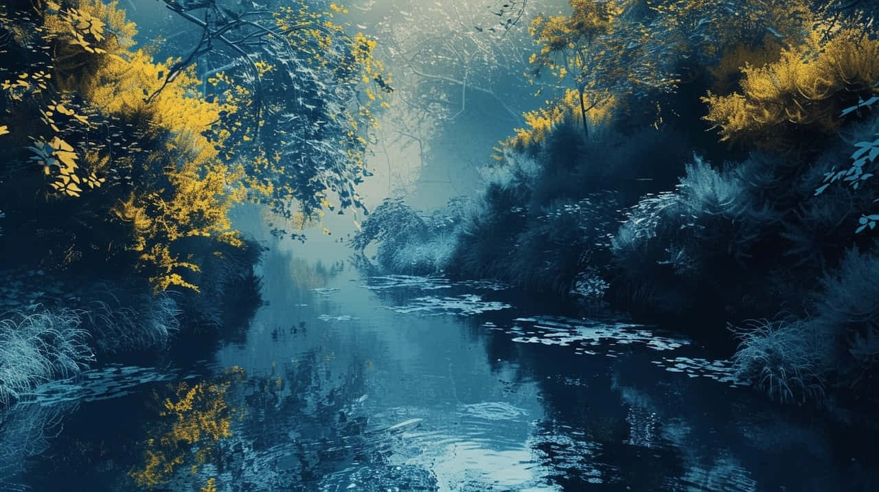 Enchanted Blue Yellow Forest Scene, misty forest stream, glowing golden foliage, HD Desktop Wallpaper