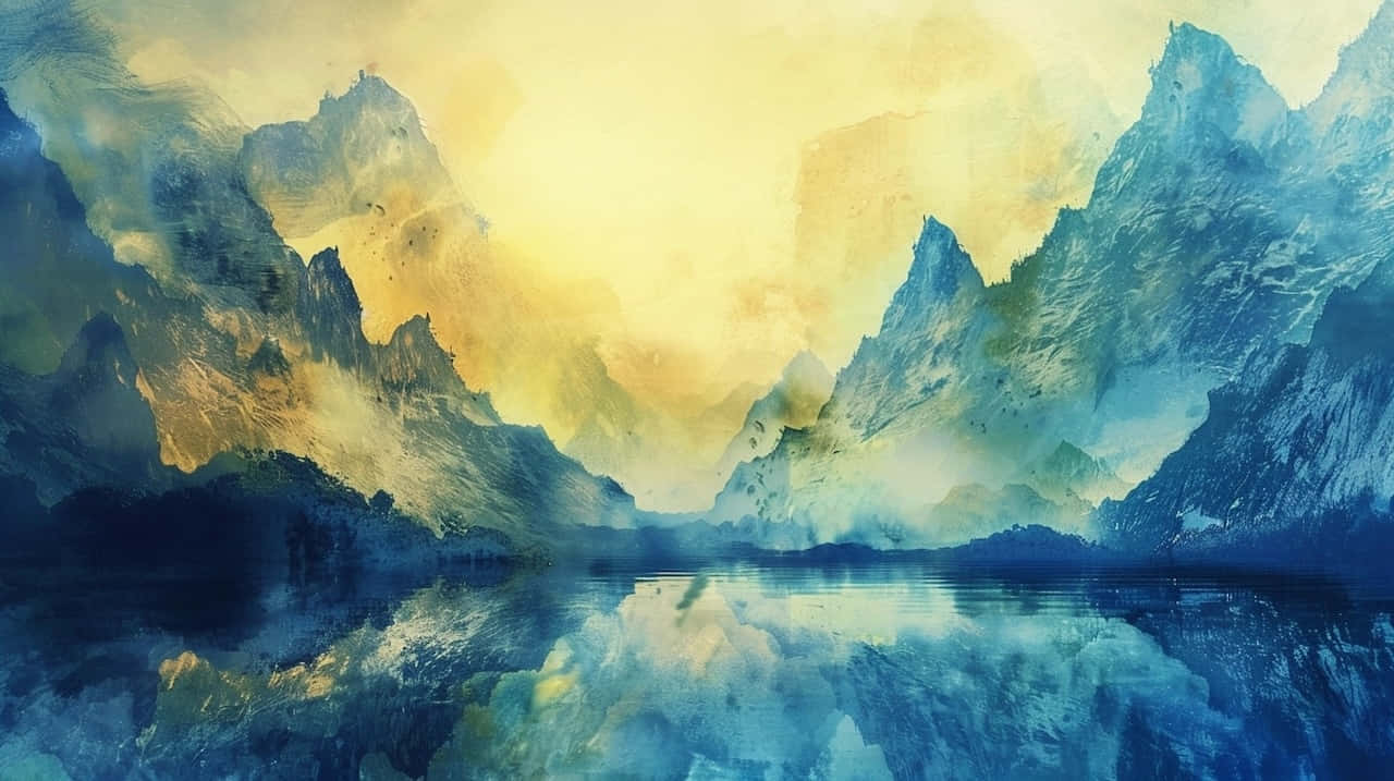 Misty Blue and Yellow Mountain Landscape, mountain lake, jagged peaks, HD Desktop Wallpaper