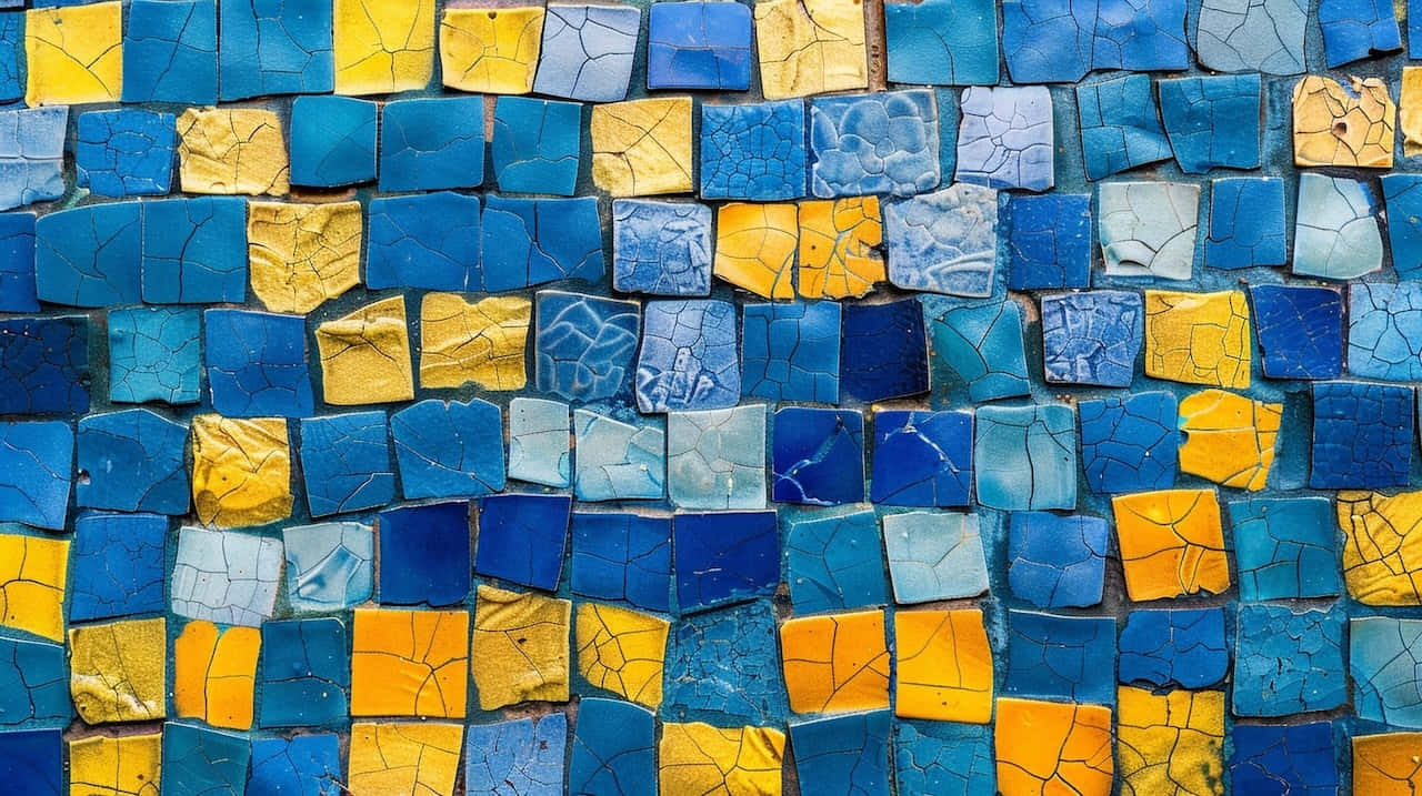 blue yellow mosaic pattern, cracked blue and yellow tiles, textured patchwork pattern, HD Desktop Wallpaper