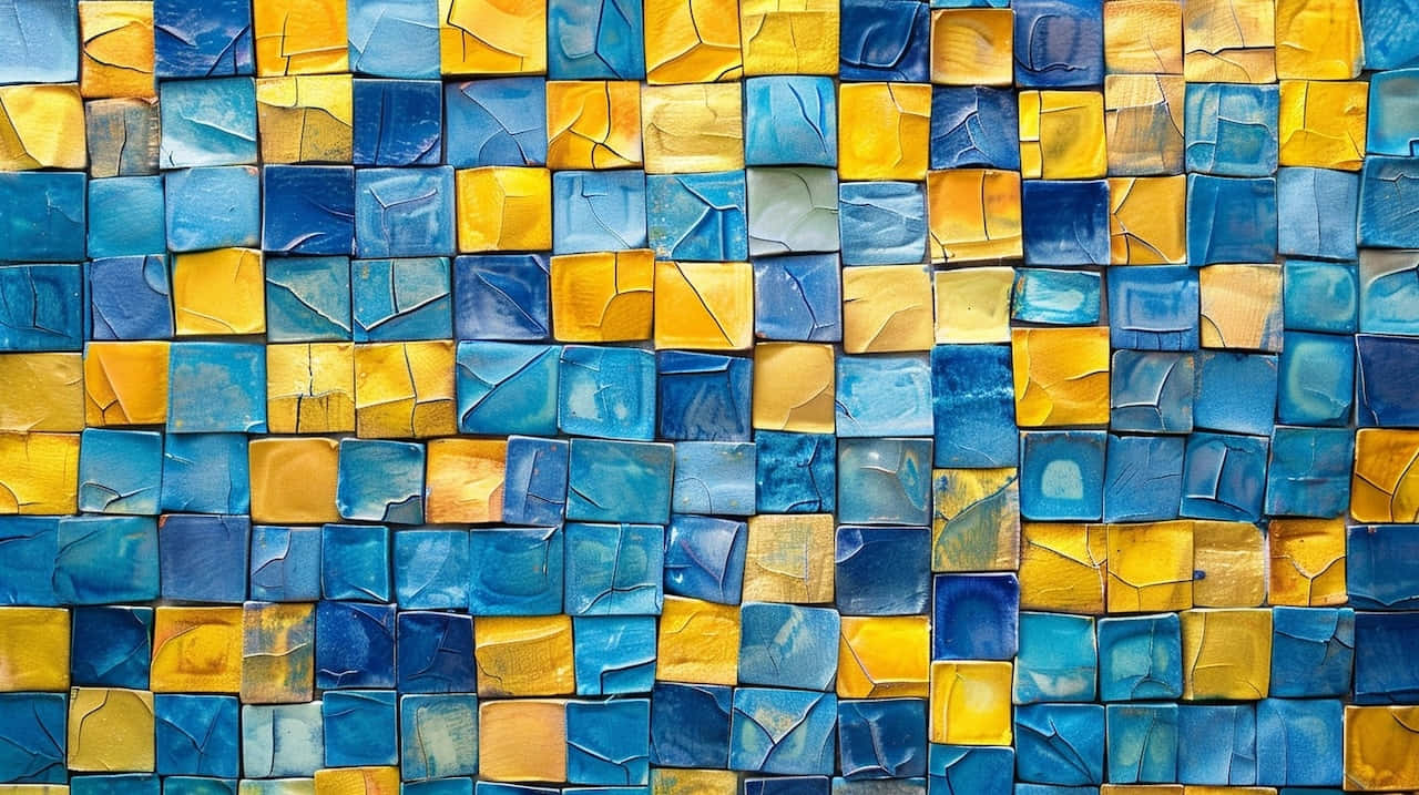 blue yellow mosaic tiles, textured blue and yellow square tiles, cracked glaze patterns, HD Desktop Wallpaper