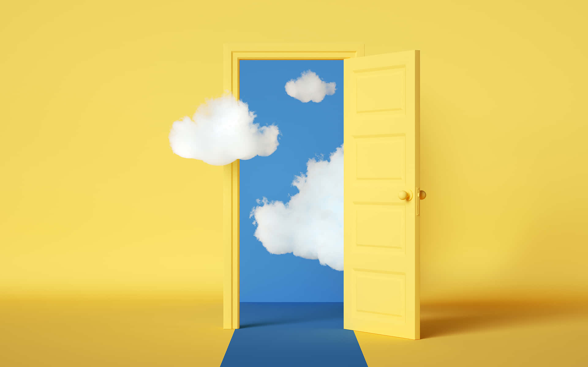 yellow door, blue sky, fluffy white clouds, Full HD Desktop Wallpaper
