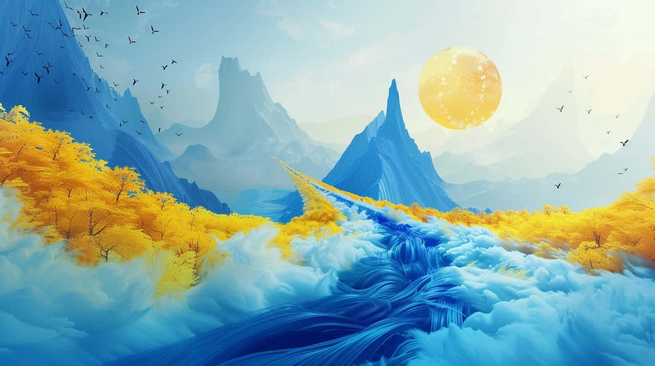 blue mountains, golden trees, glowing sun, HD Desktop Wallpaper