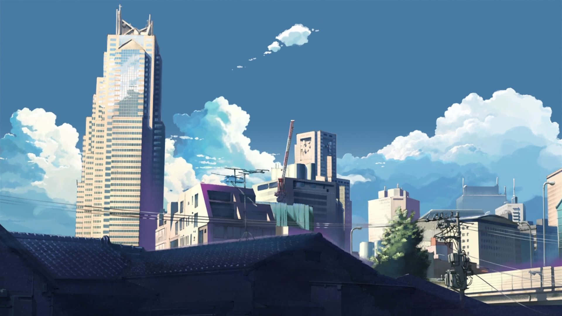 anime cityscape, towering skyscrapers, fluffy clouds, Full HD Desktop Wallpaper