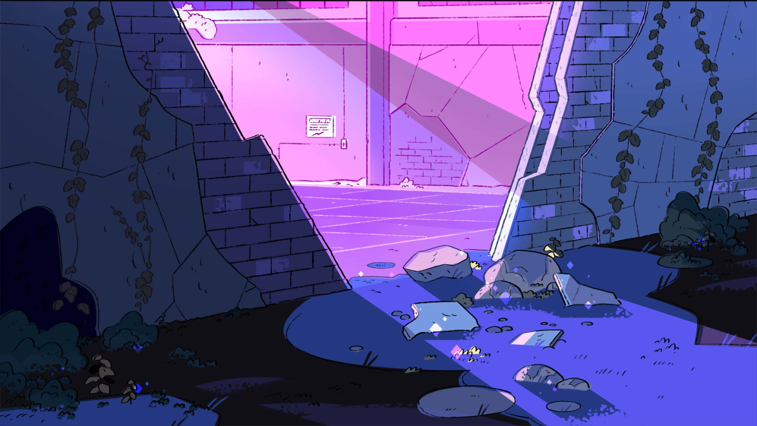 blue anime aesthetic desktop, vibrant purple and blue, broken stone archway, 2K Desktop Wallpaper