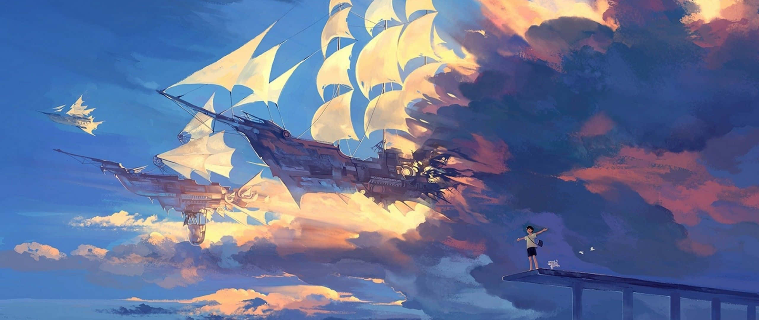 Blue Anime Aesthetic Desktop, bridge, sailships, 2K Desktop Wallpaper