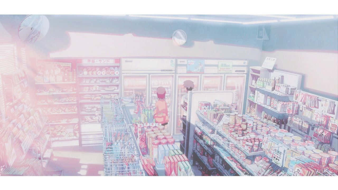 blue anime aesthetic desktop, convenience store aisle, soft pink and blue hues, HD Desktop Wallpaper