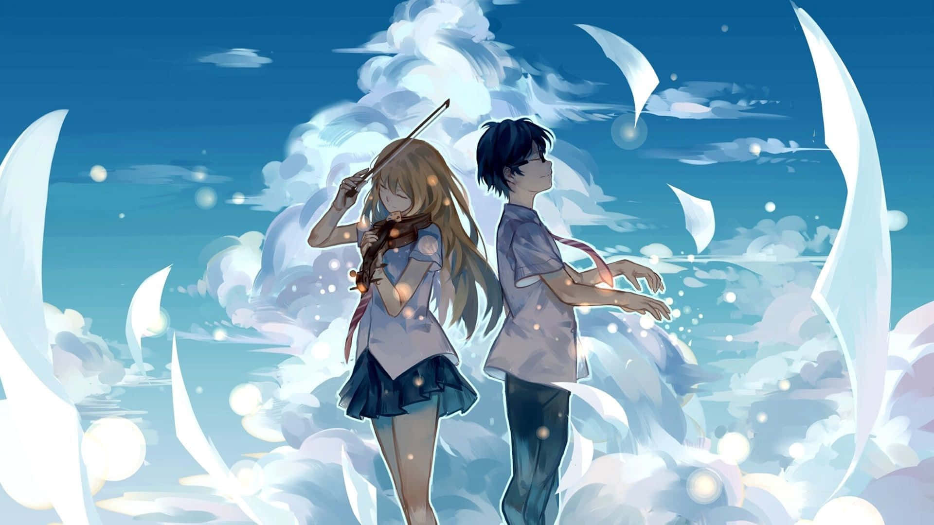 Blue Anime Aesthetic Desktop, anime teens, glowing clouds, Full HD Desktop Wallpaper