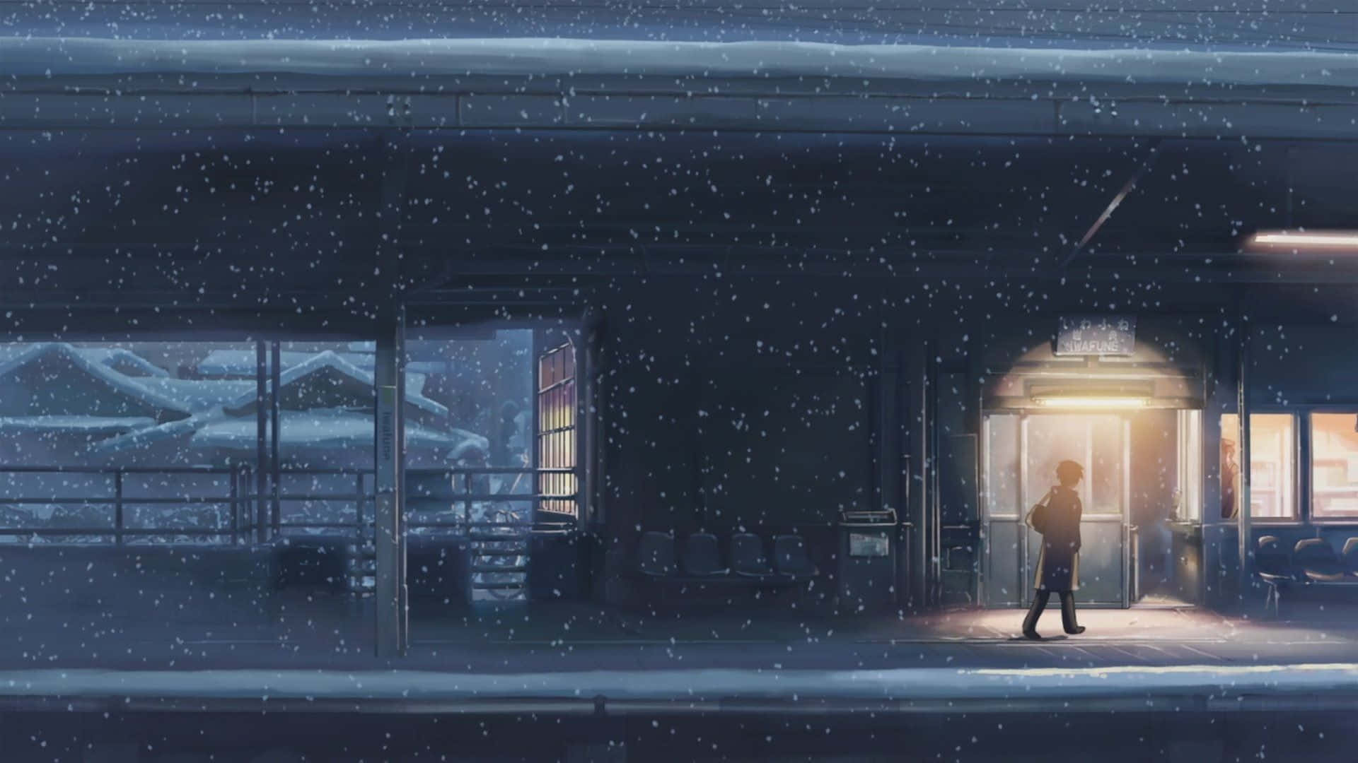 blue anime aesthetic desktop, snowy train station, night, Full HD Desktop Wallpaper