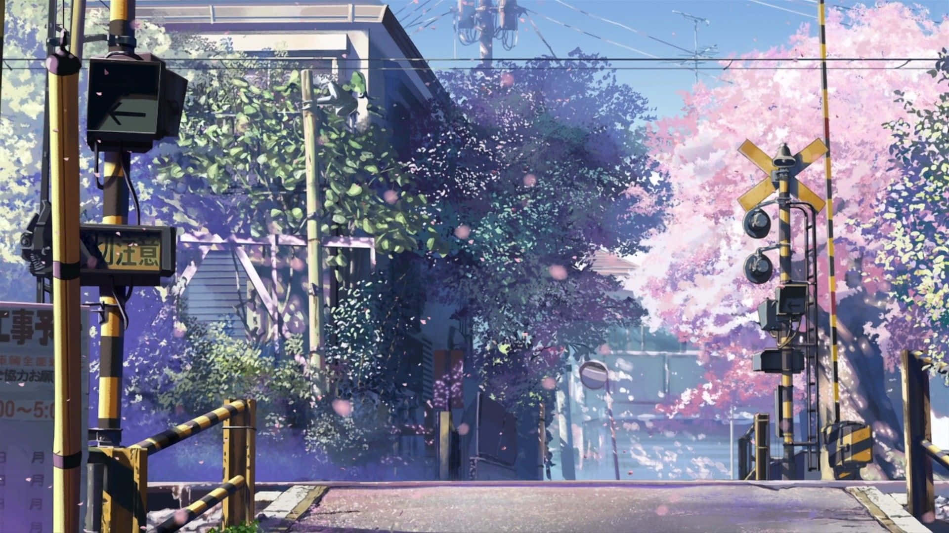 Blue Anime Aesthetic Desktop, cherry blossoms, railway crossing signals, Full HD Desktop Wallpaper