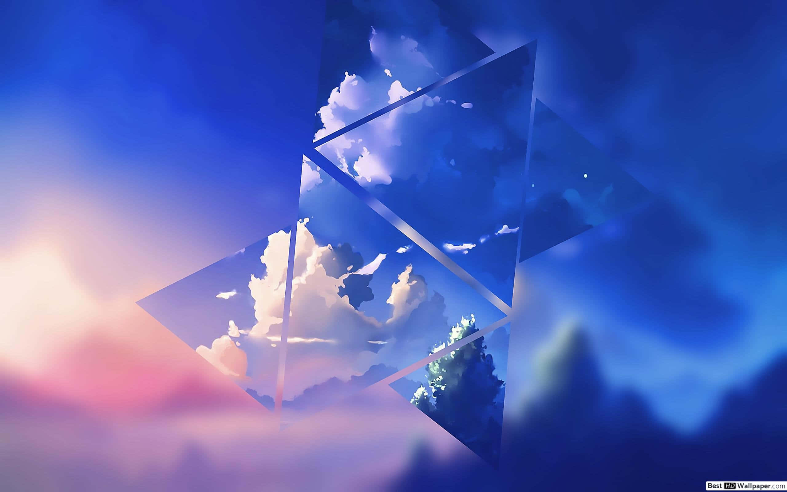 blue sky, clouds, geometric triangular frames, 2K Desktop Wallpaper