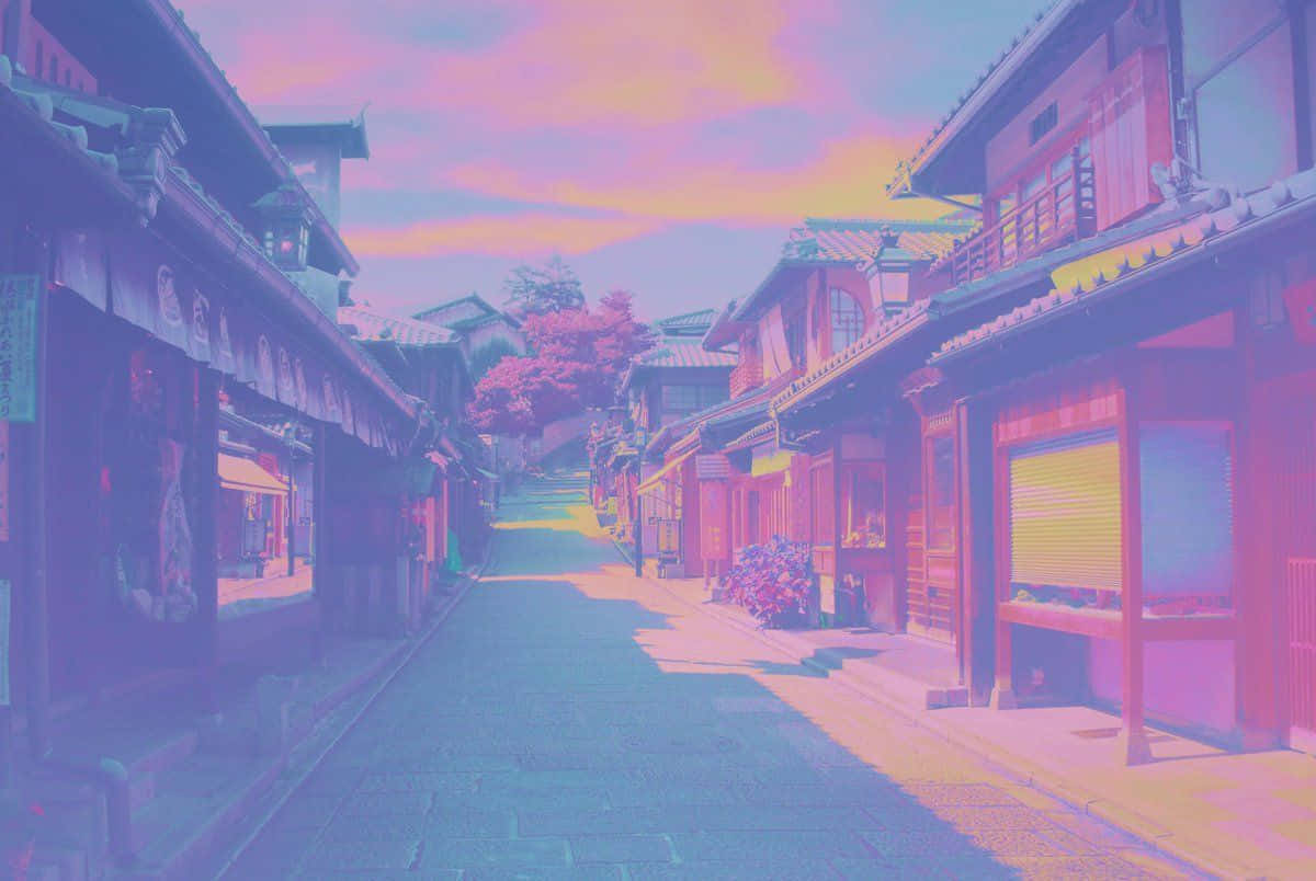 traditional Japanese street, surreal pink and blue hues, vibrant twilight sky, SD Desktop Wallpaper