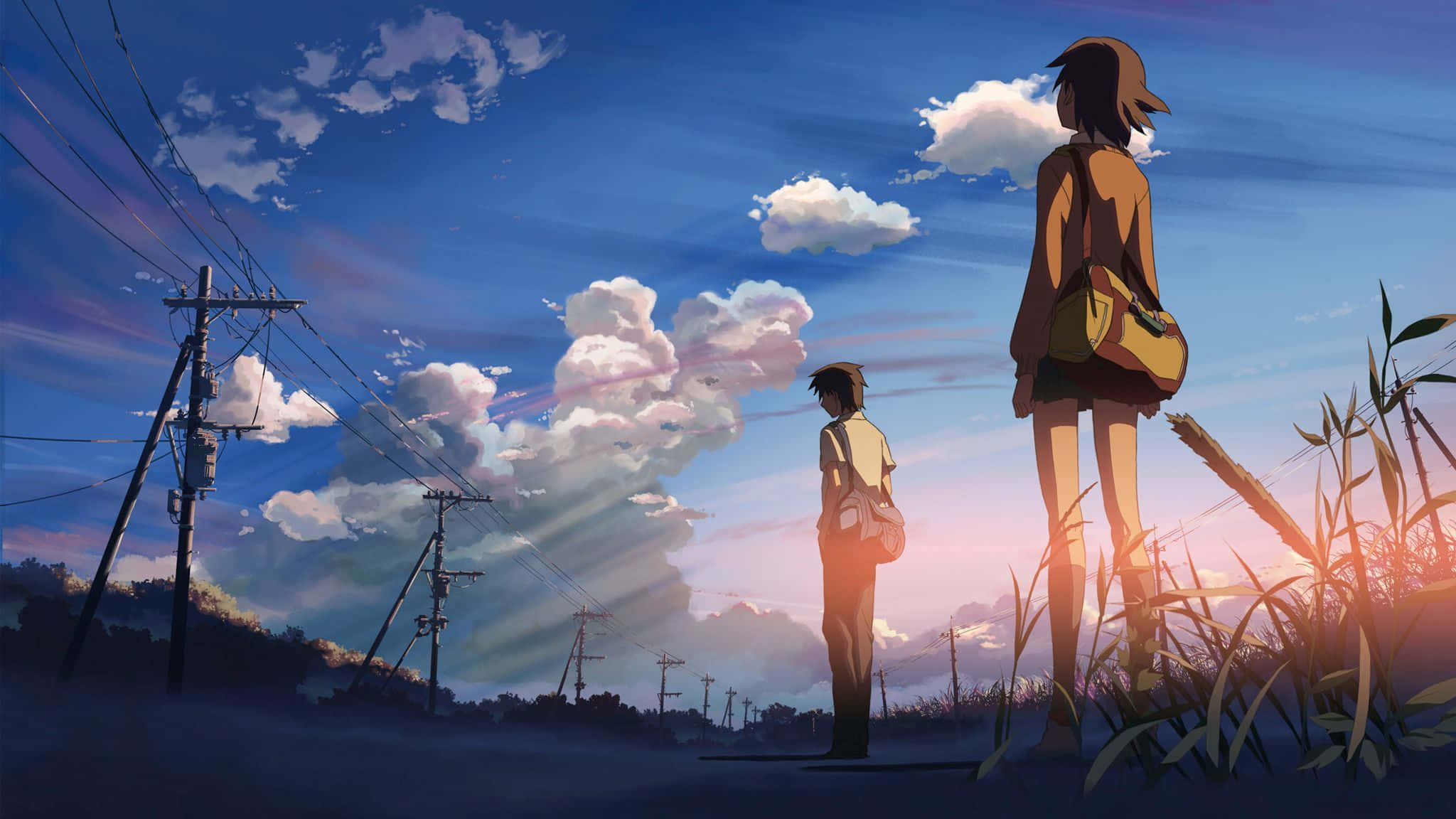 blue anime aesthetic desktop, anime teens, grassy roadside, Full HD Desktop Wallpaper