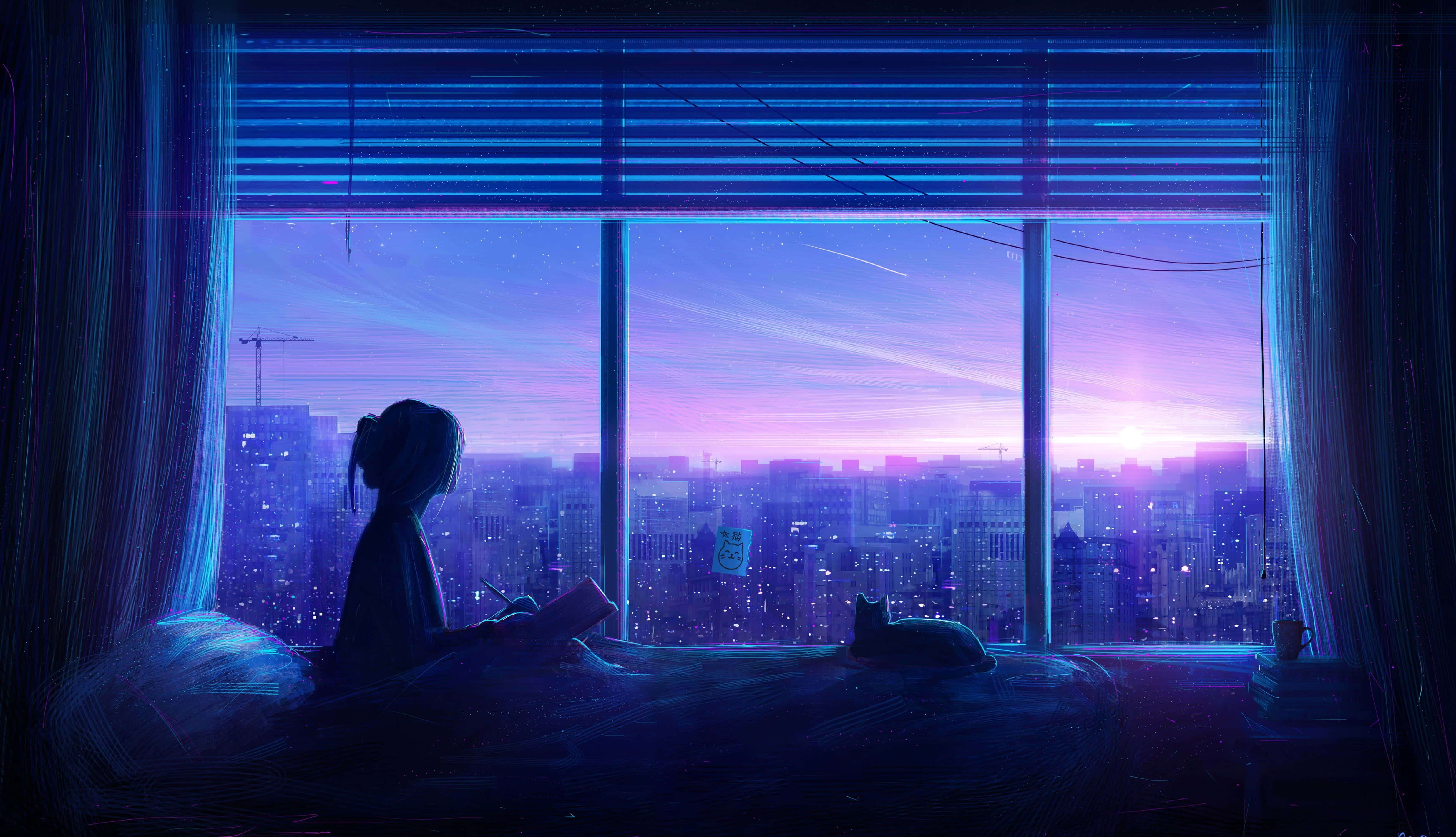 blue anime aesthetic desktop, glowing purple and blue cityscape, twilight, 4K Desktop Wallpaper