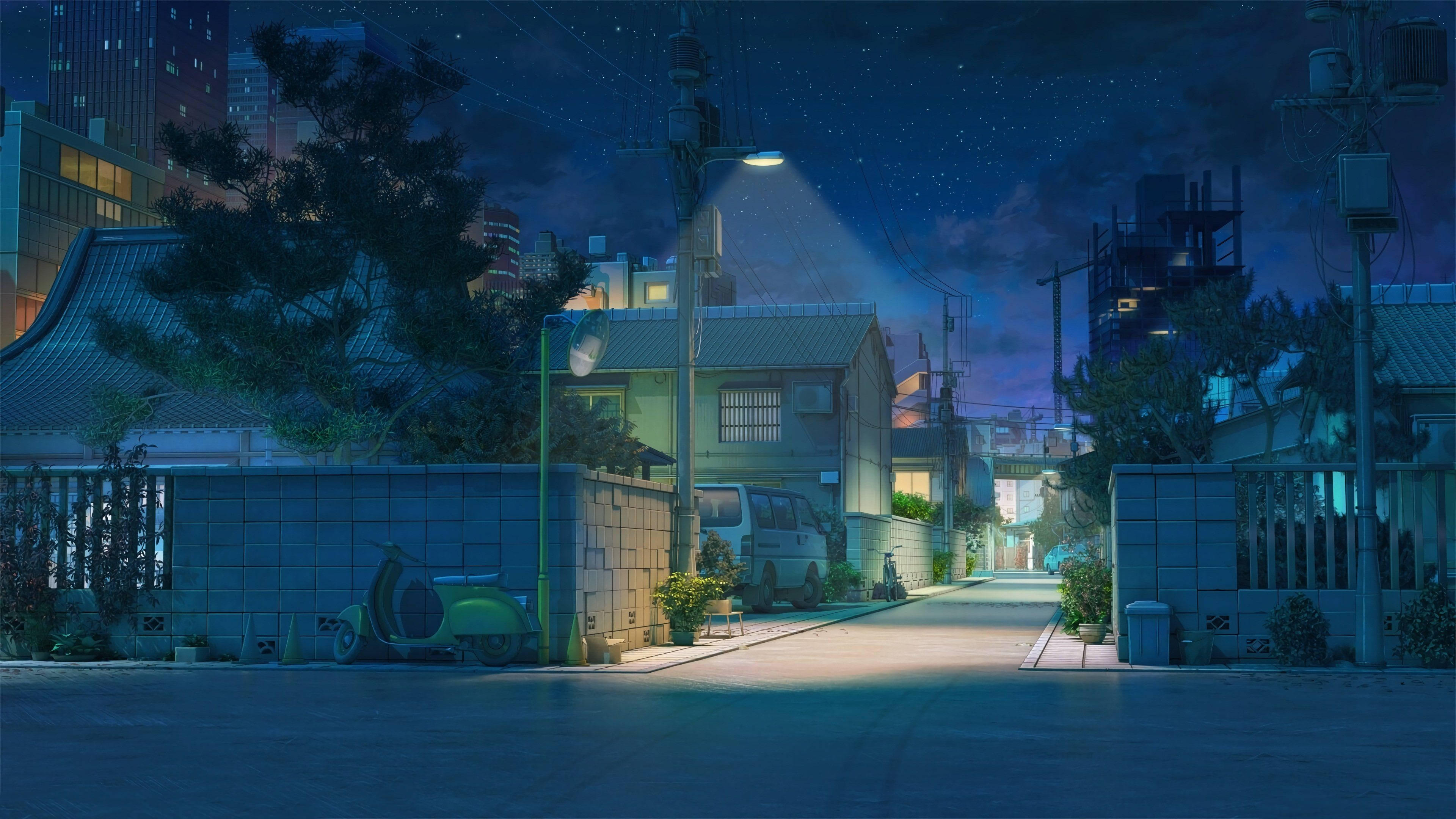 Blue Anime Lofi Street Aesthetic, night, blue tones, 4K Desktop Wallpaper