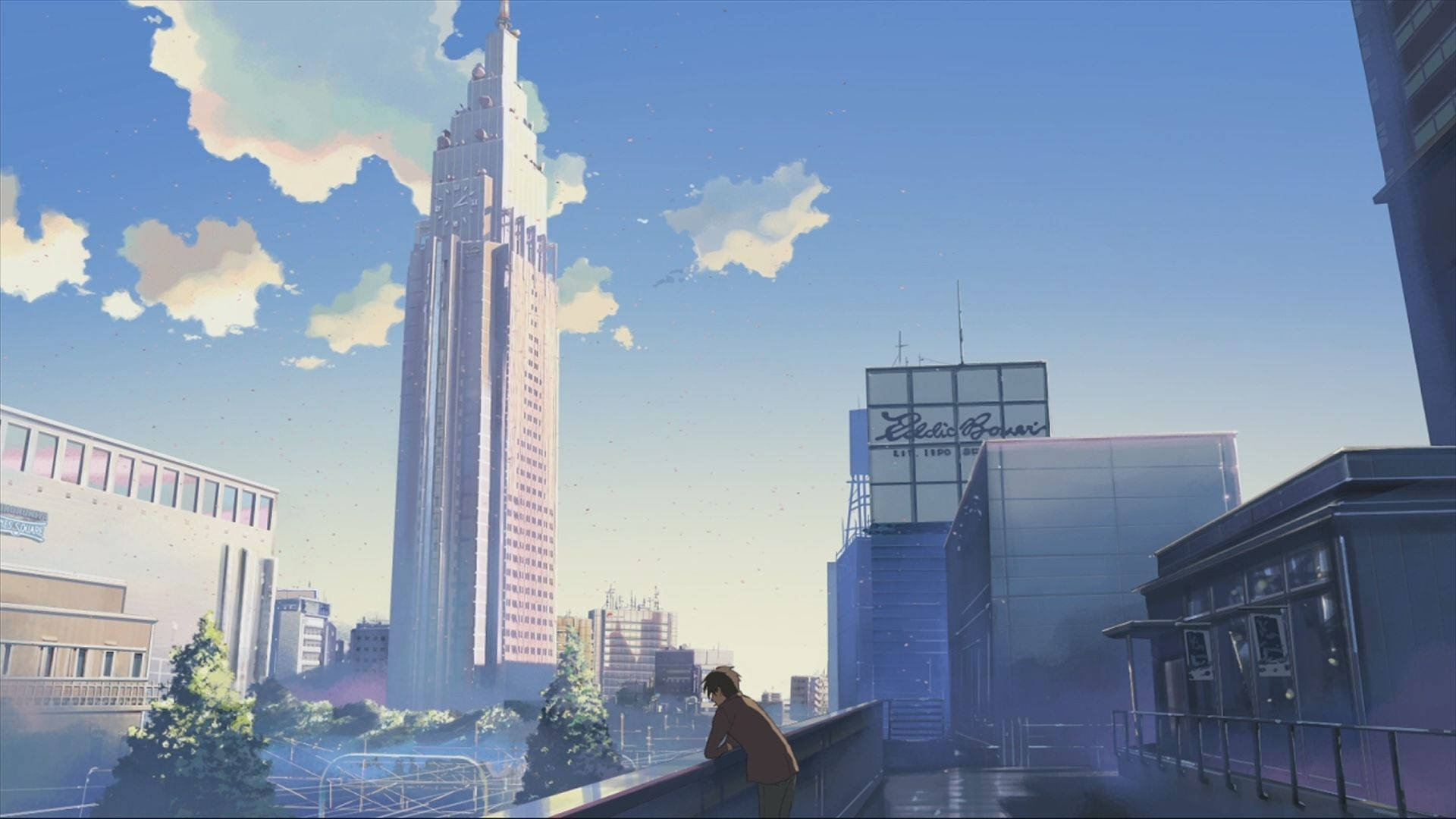 Blue Anime Cityscape Aesthetic, futuristic cityscape, towering skyscraper, Full HD Desktop Wallpaper
