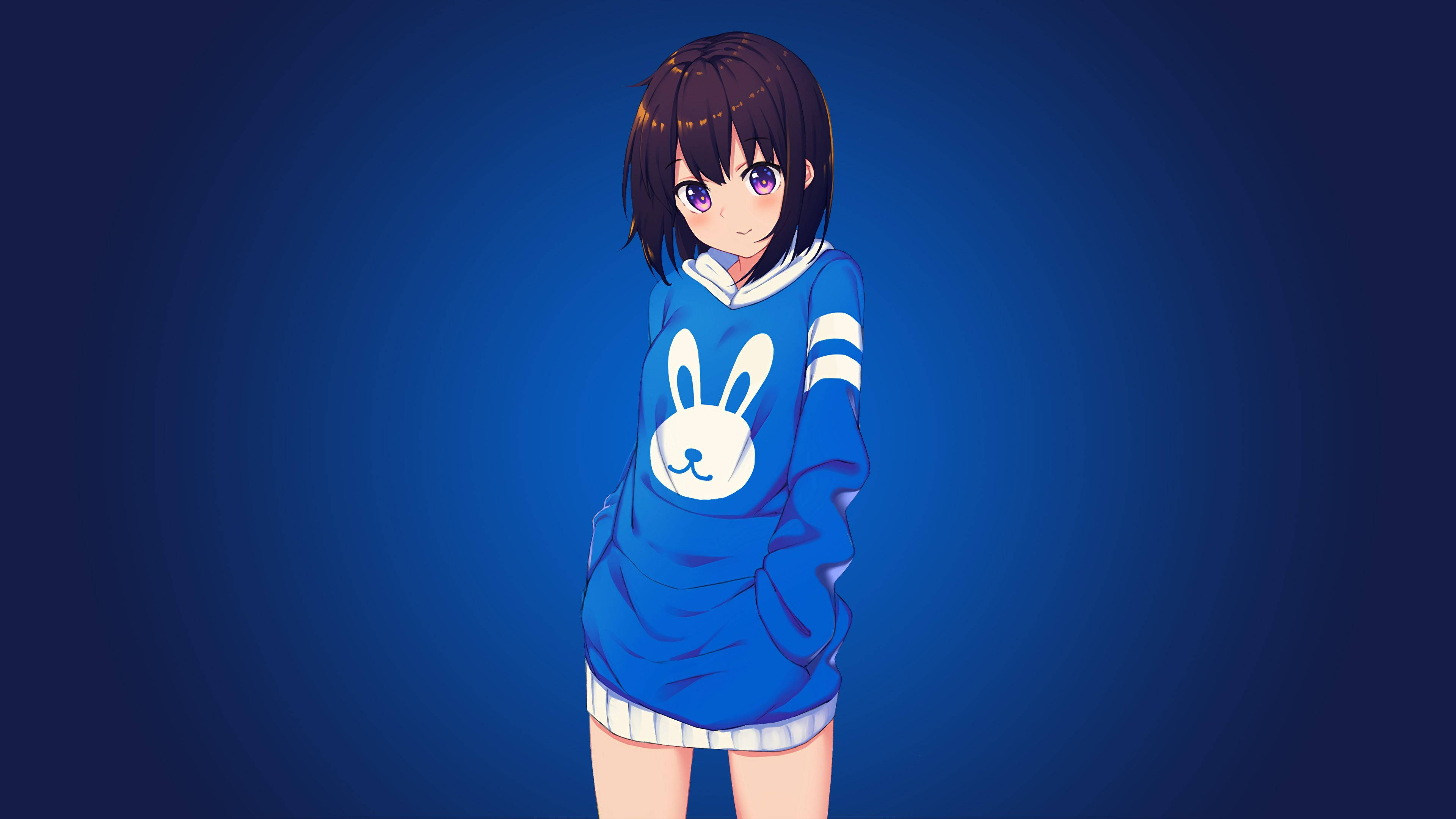 Anime girl, blue bunny hoodie, gradient blue background, 4K Desktop Wallpaper