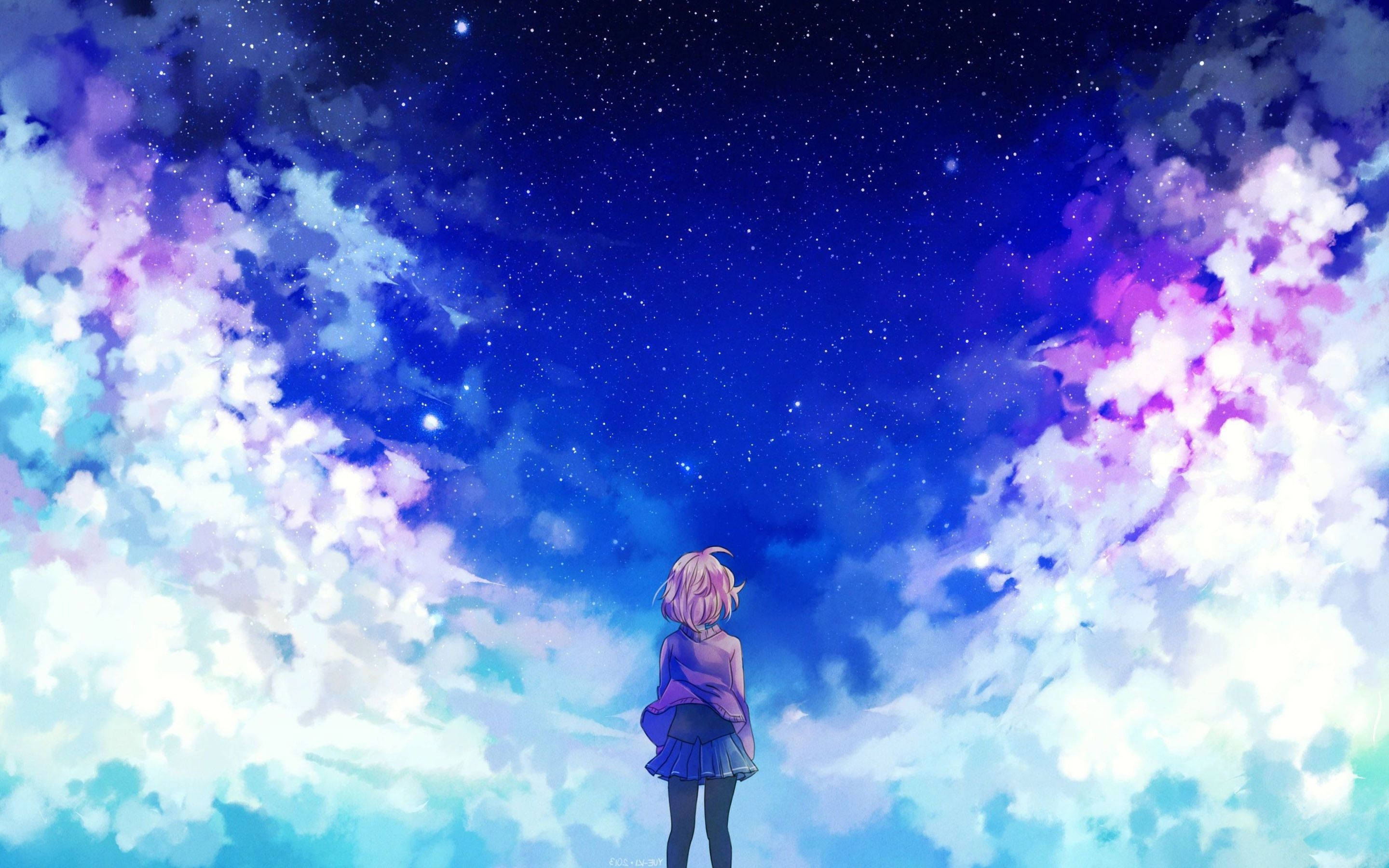 anime girl, pink hair, starry night sky, 2K Desktop Wallpaper