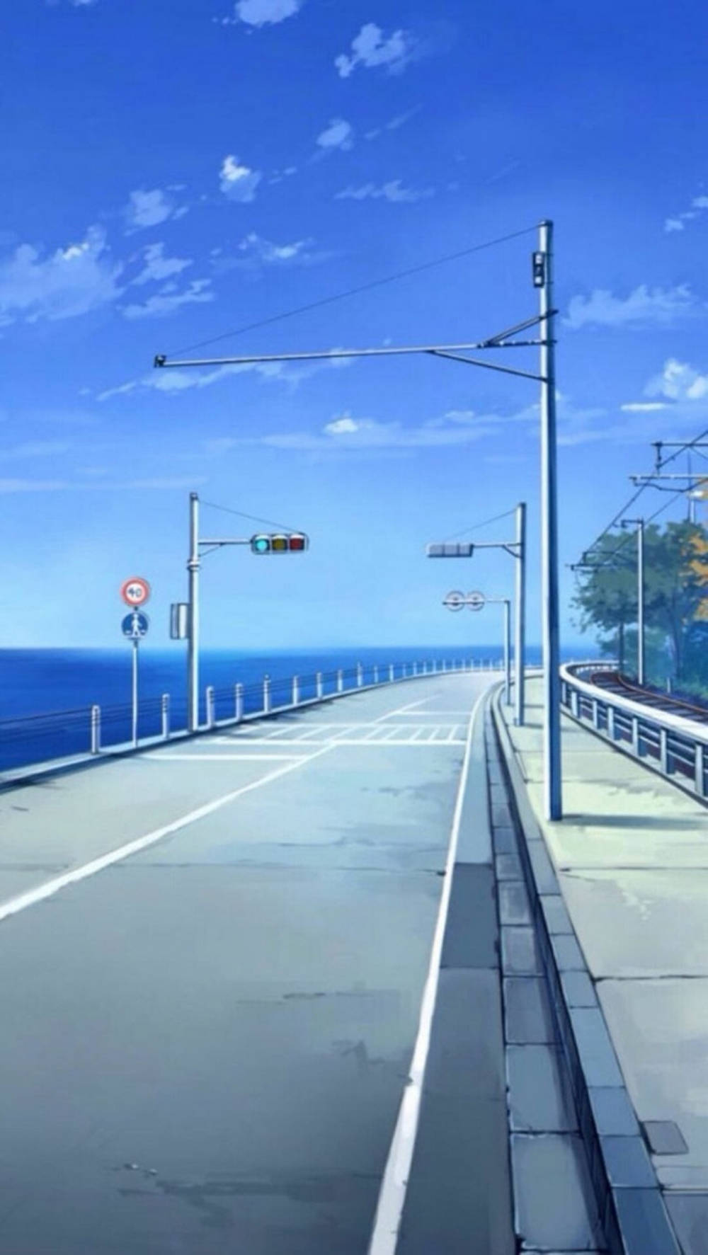 Blue Anime Coastal Road Aesthetic, coastal road, bright blue sky, HD Phone Wallpaper